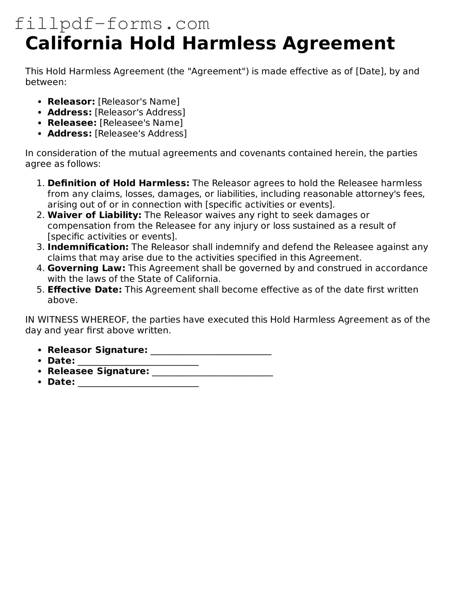 Fillable Hold Harmless Agreement Template for the State of California