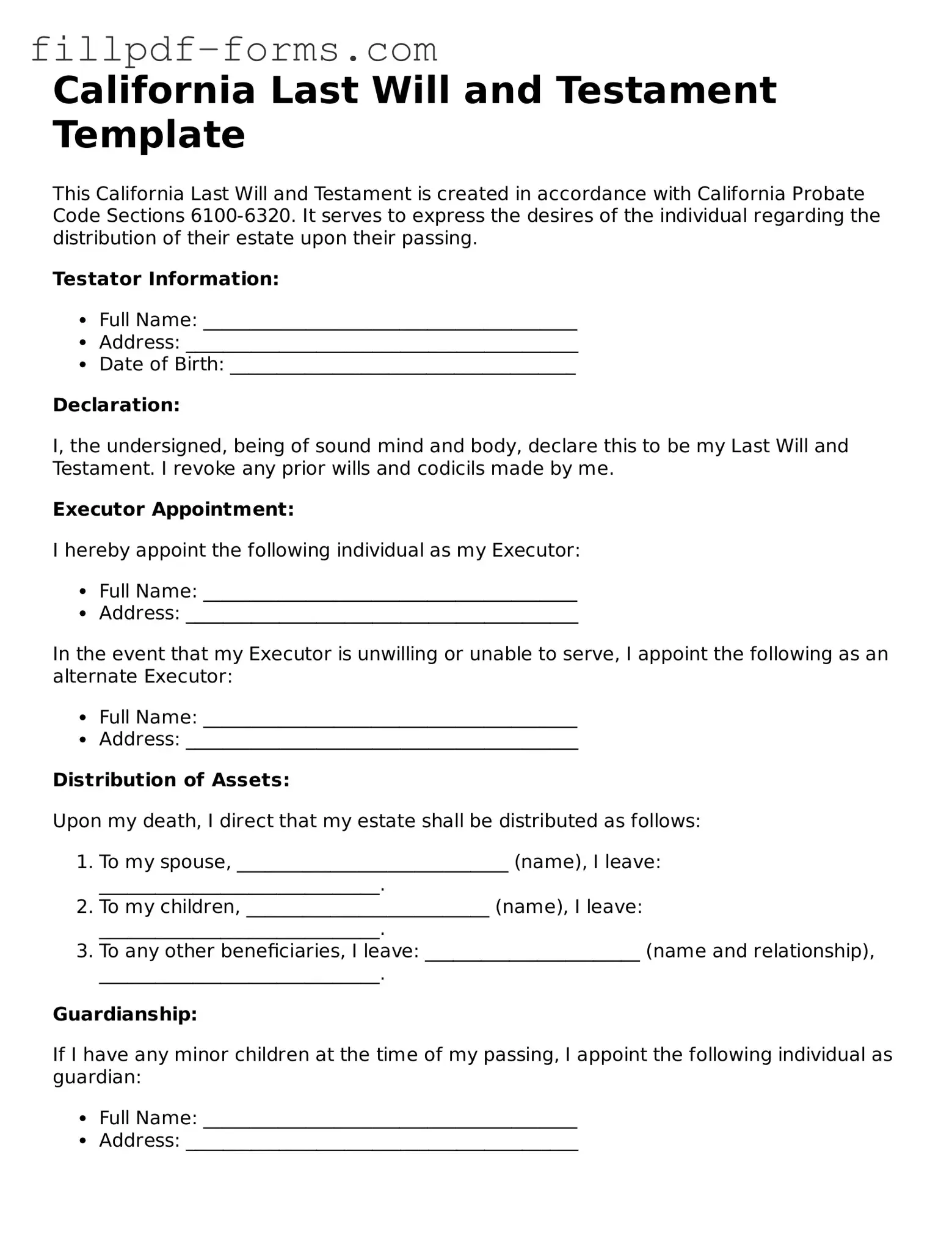 Fillable Last Will and Testament Template for the State of California