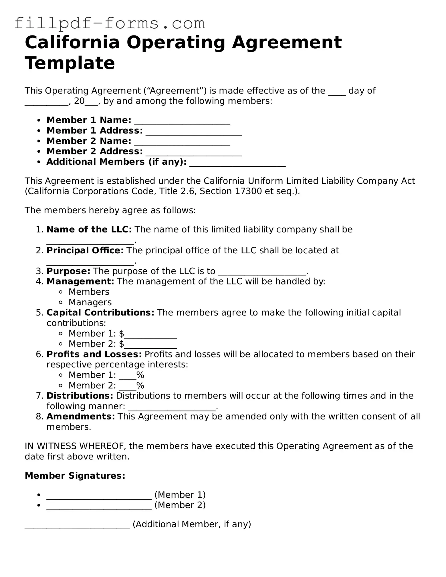 Fillable Operating Agreement Template for the State of California