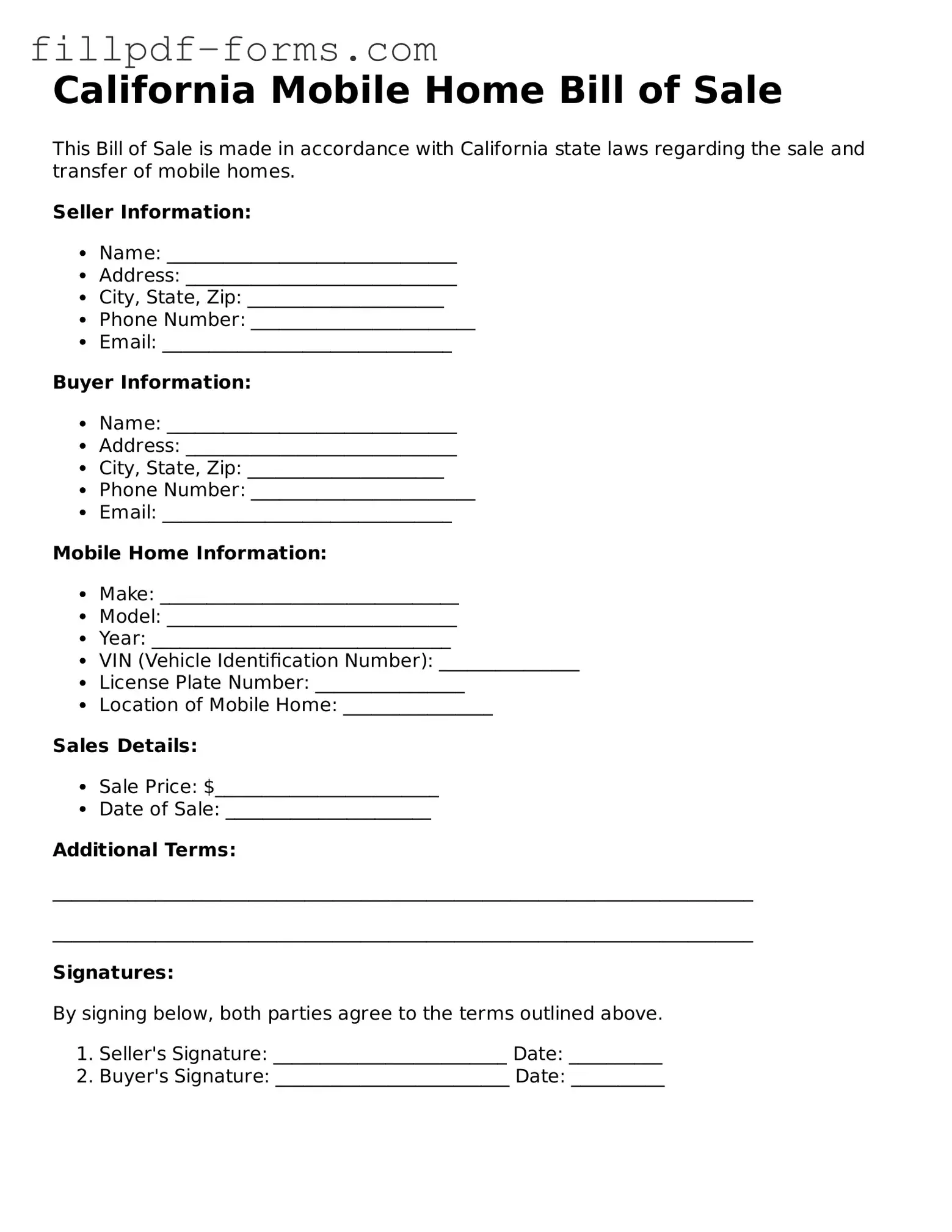 Fillable Mobile Home Bill of Sale Template for the State of California
