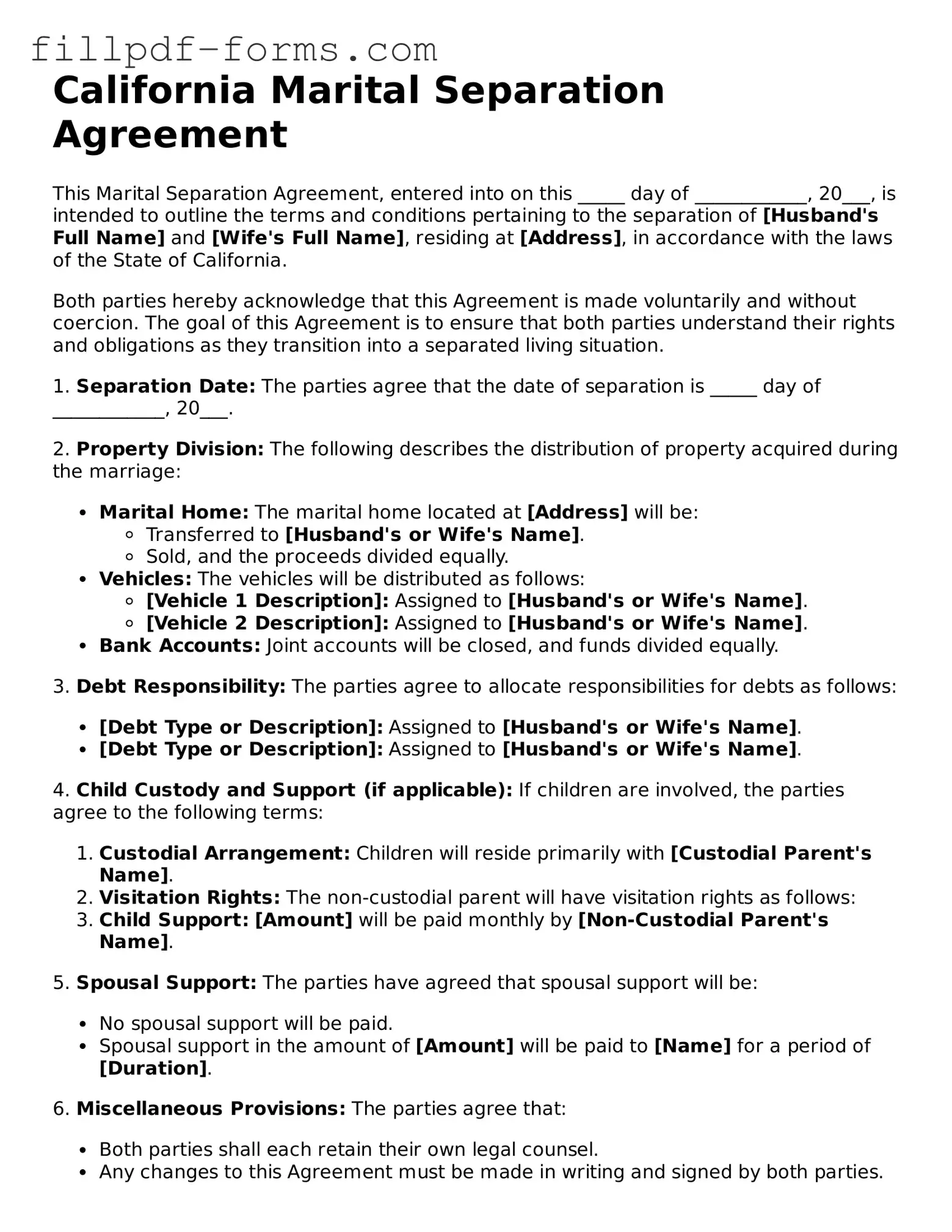 Fillable Marital Separation Agreement Template for the State of California