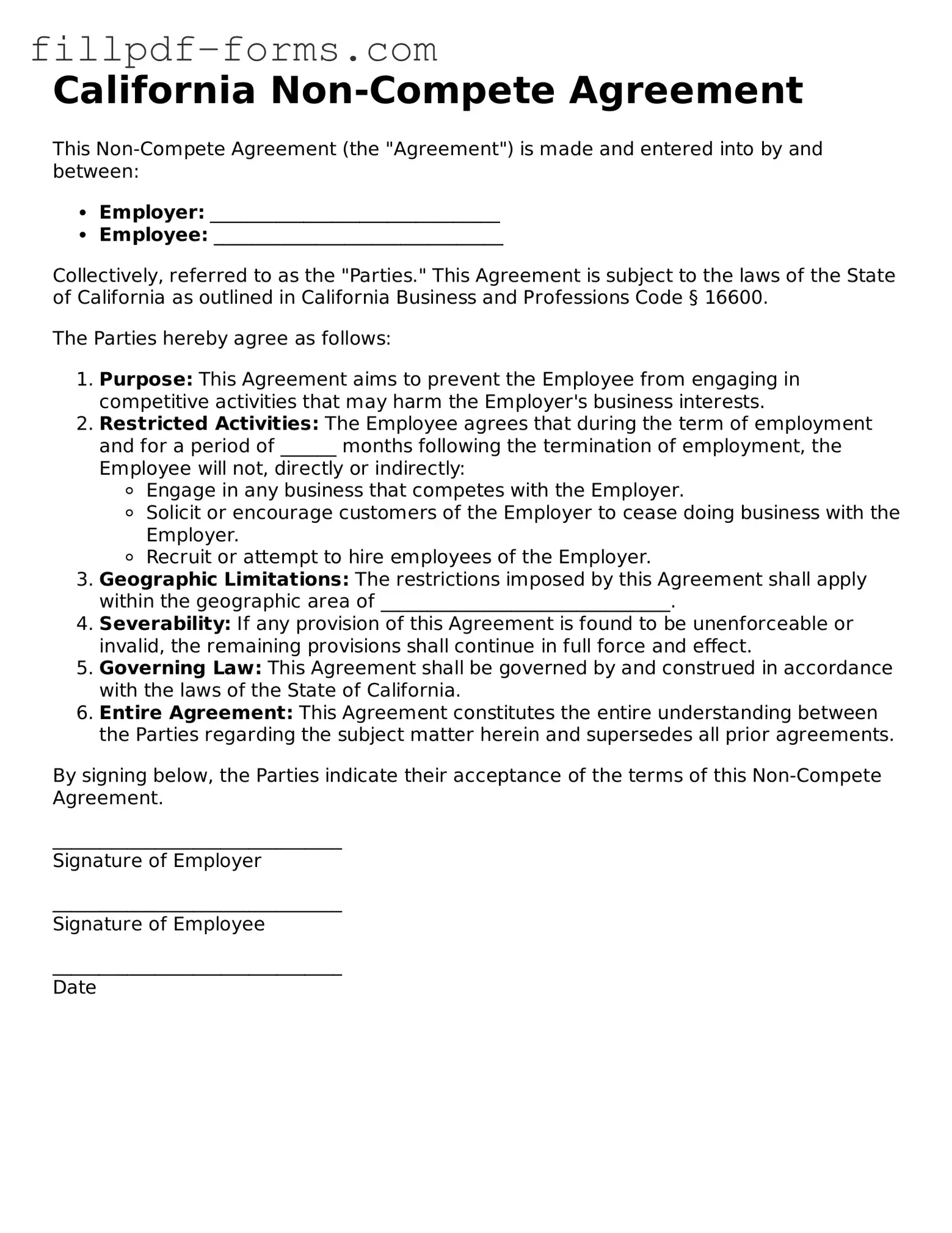 Fillable Non-compete Agreement Template for the State of California