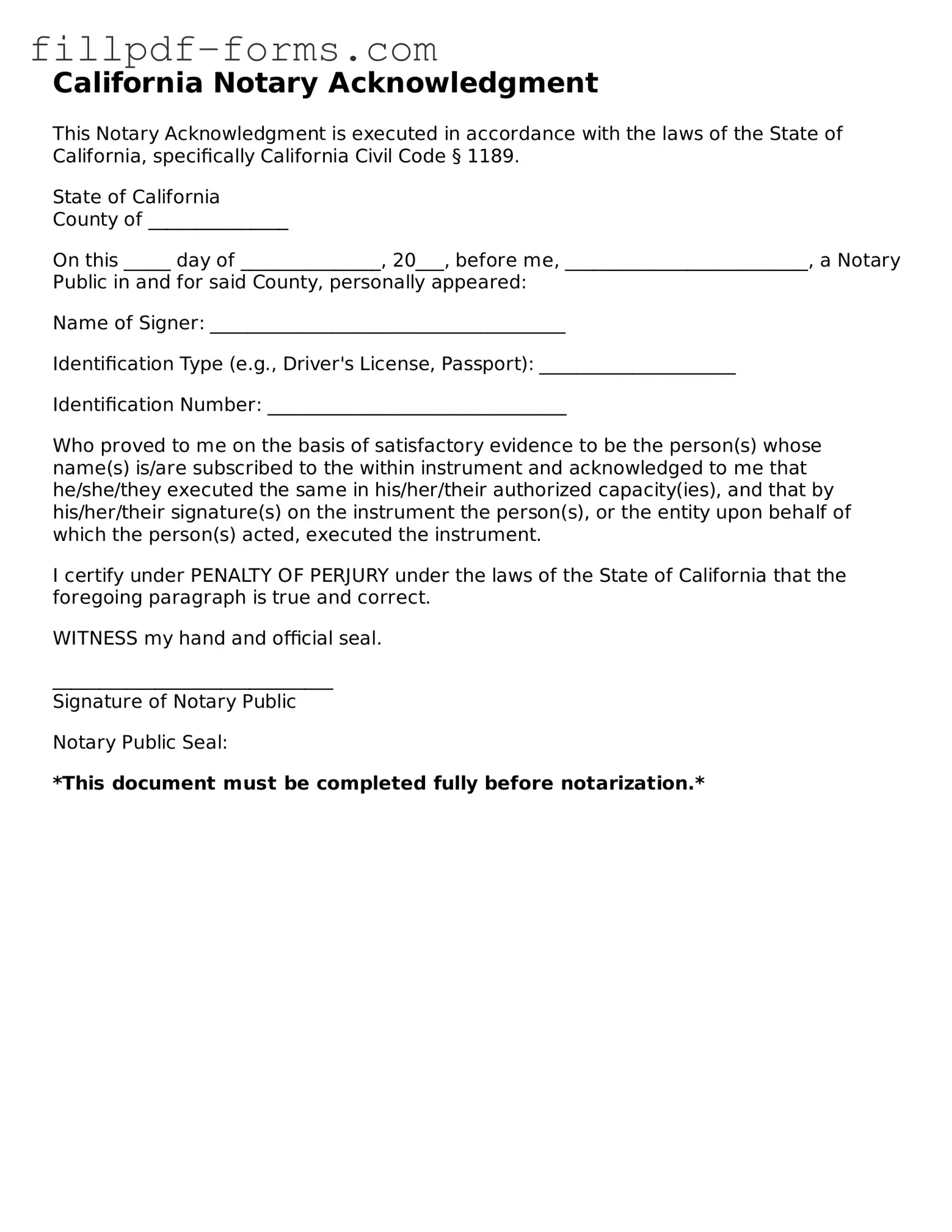 Fillable Notary Acknowledgement Template for the State of California