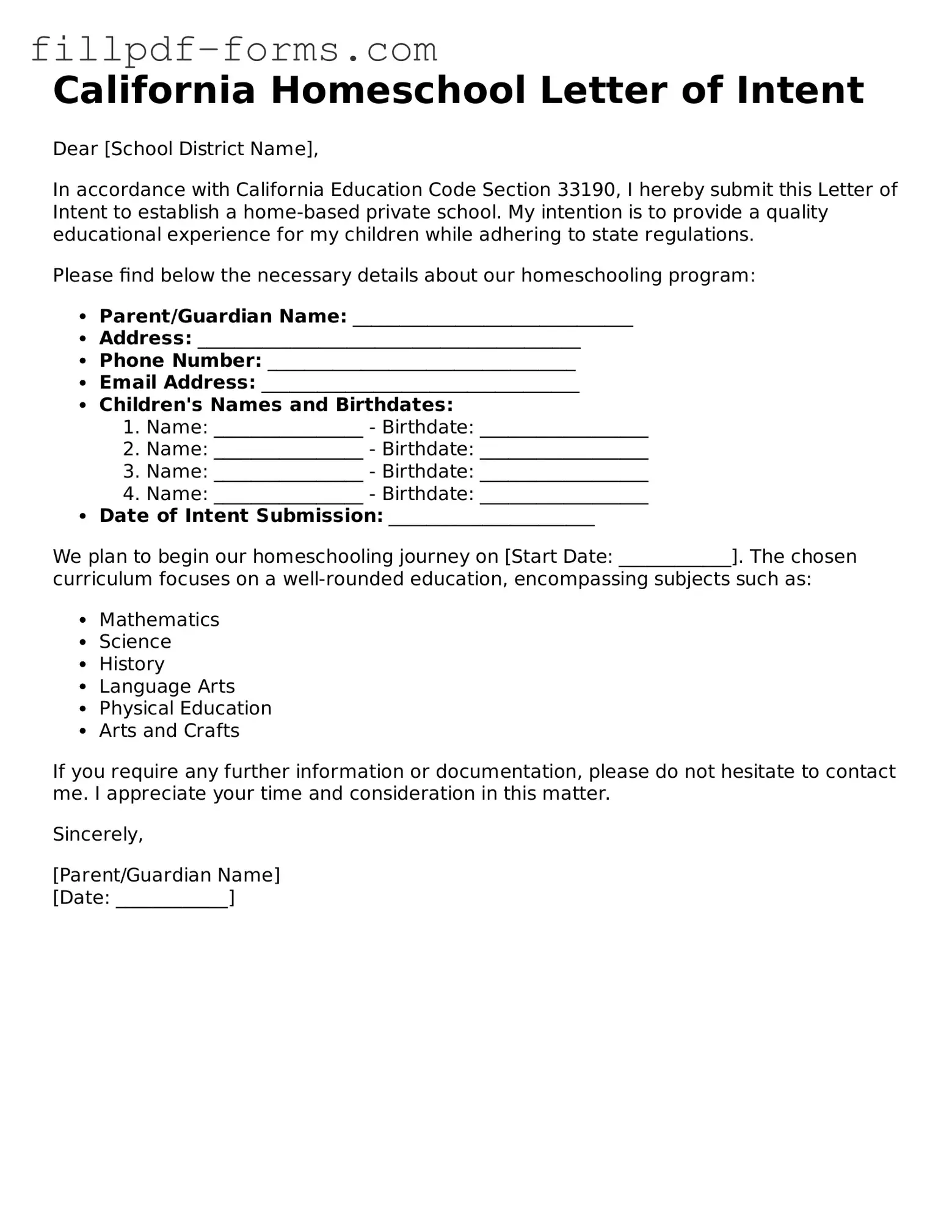Fillable Homeschool Letter of Intent Template for the State of California
