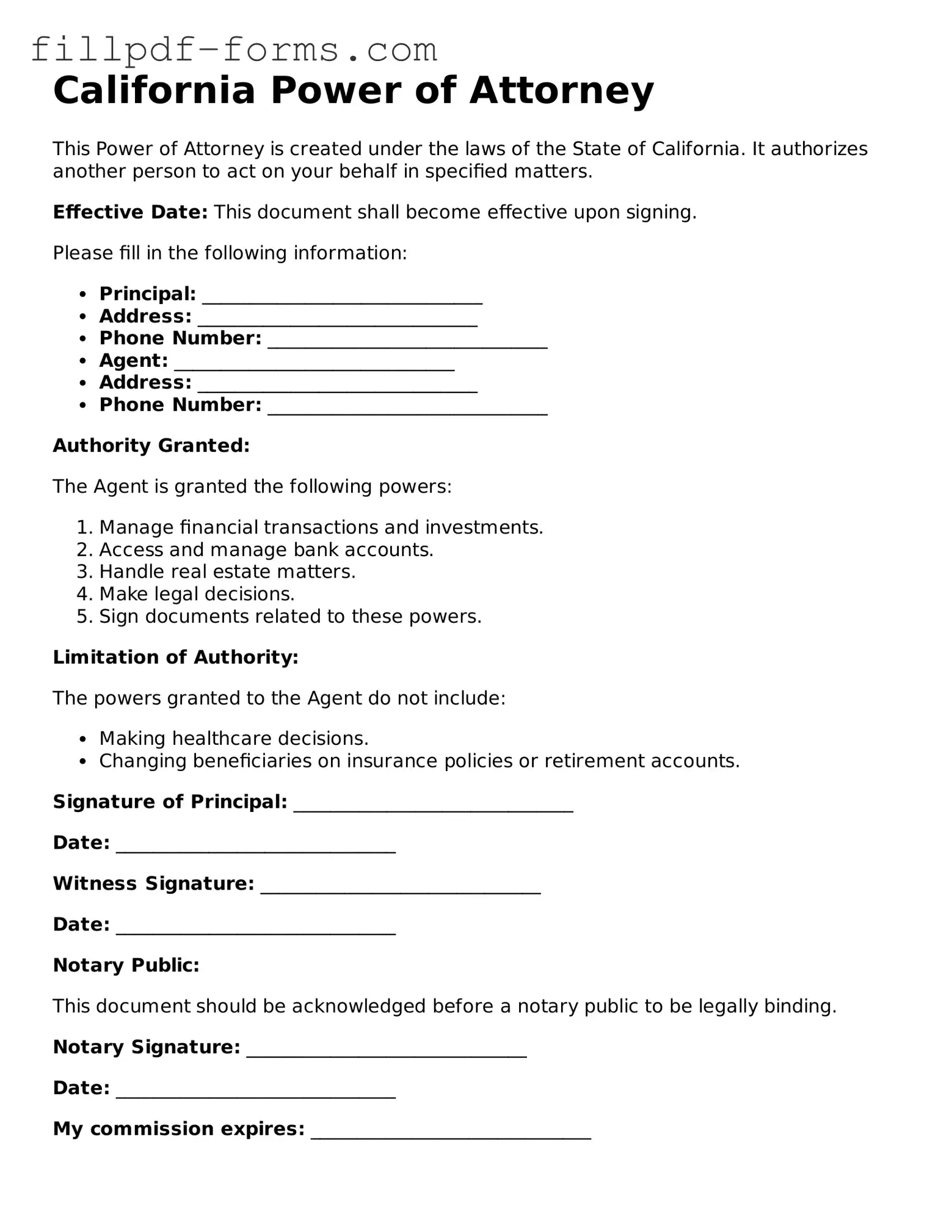 Fillable Power of Attorney Template for the State of California