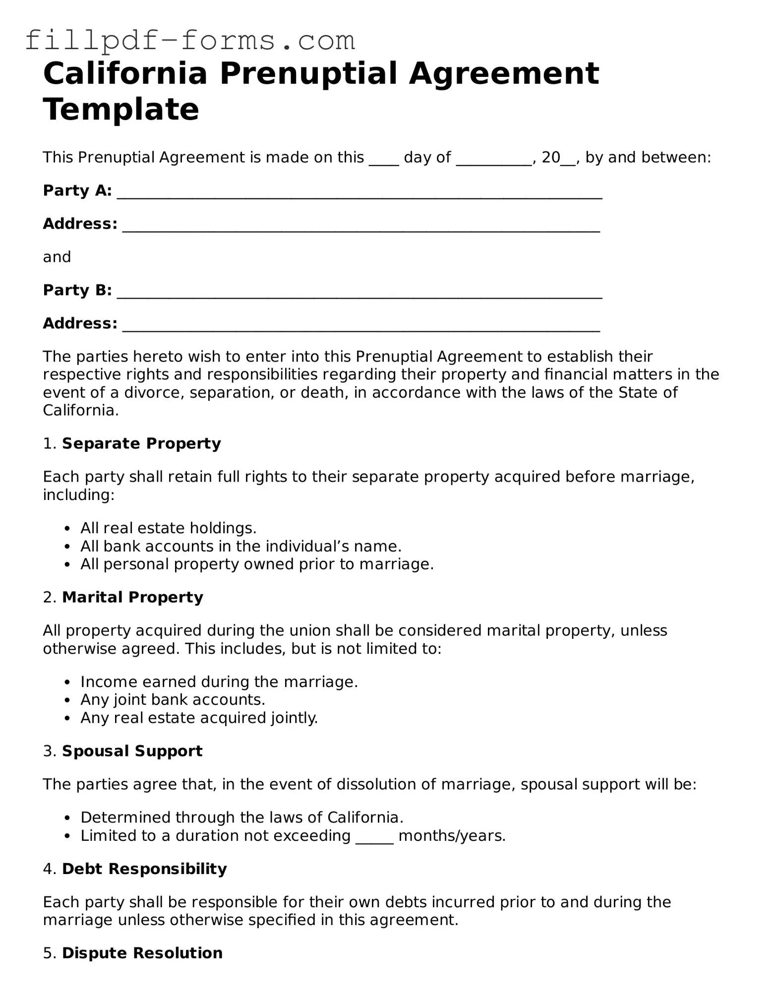 Fillable Prenuptial Agreement Template for the State of California