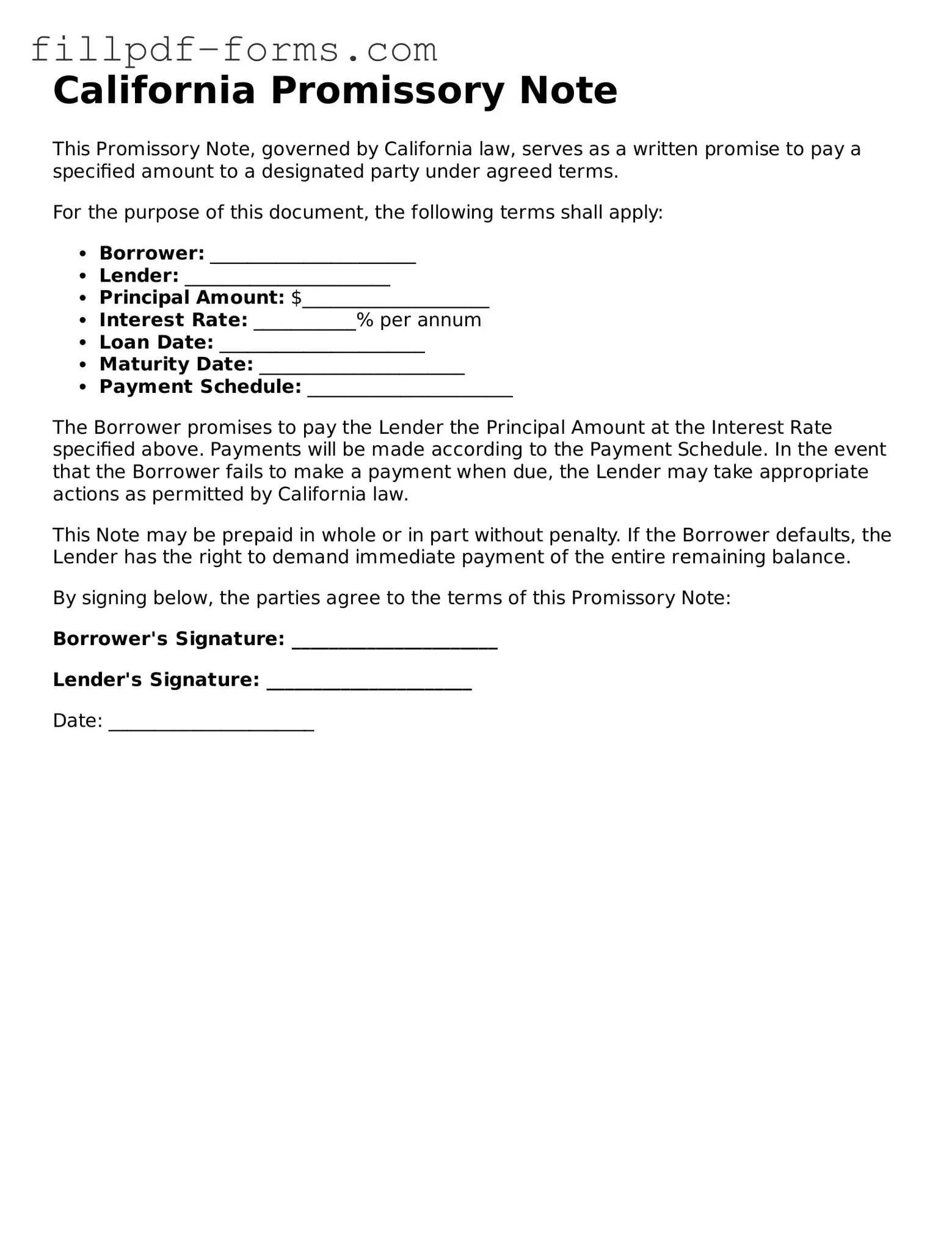 Fillable Promissory Note Template for the State of California