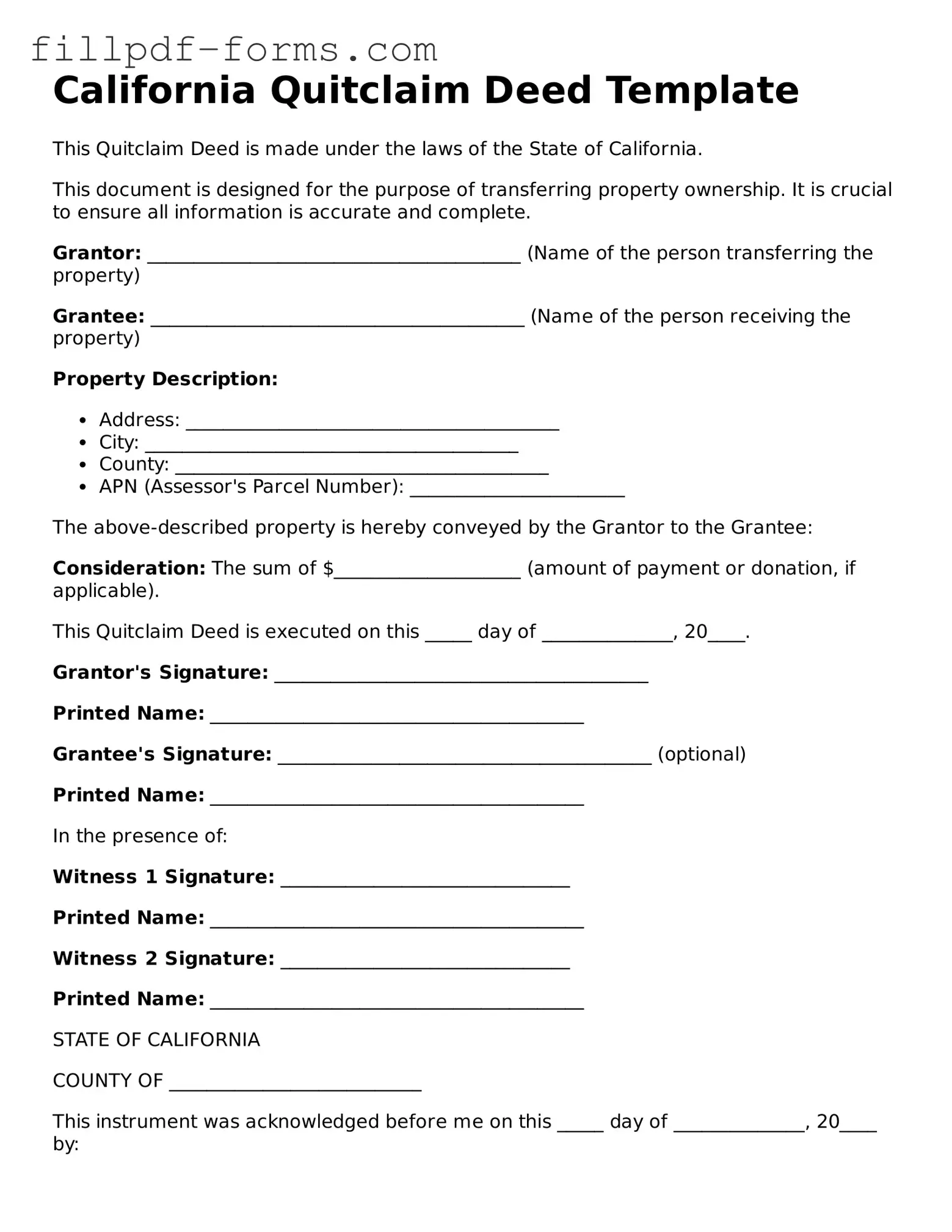 Fillable Quitclaim Deed Template for the State of California