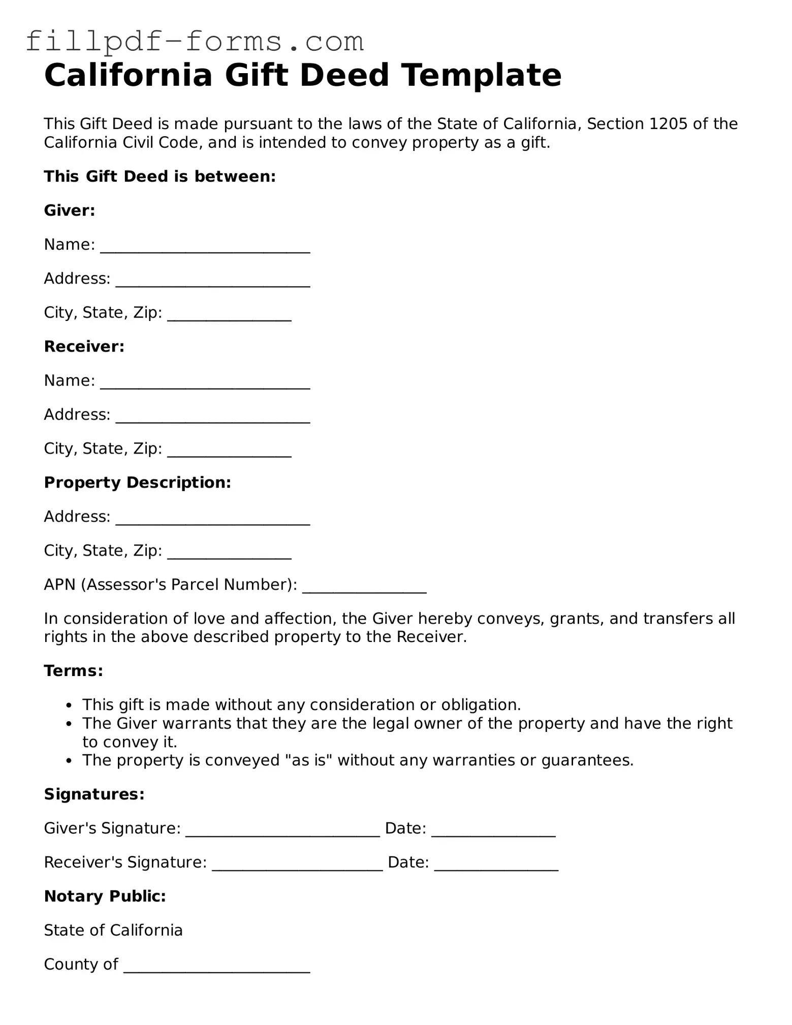 Fillable Gift Deed Template for the State of California