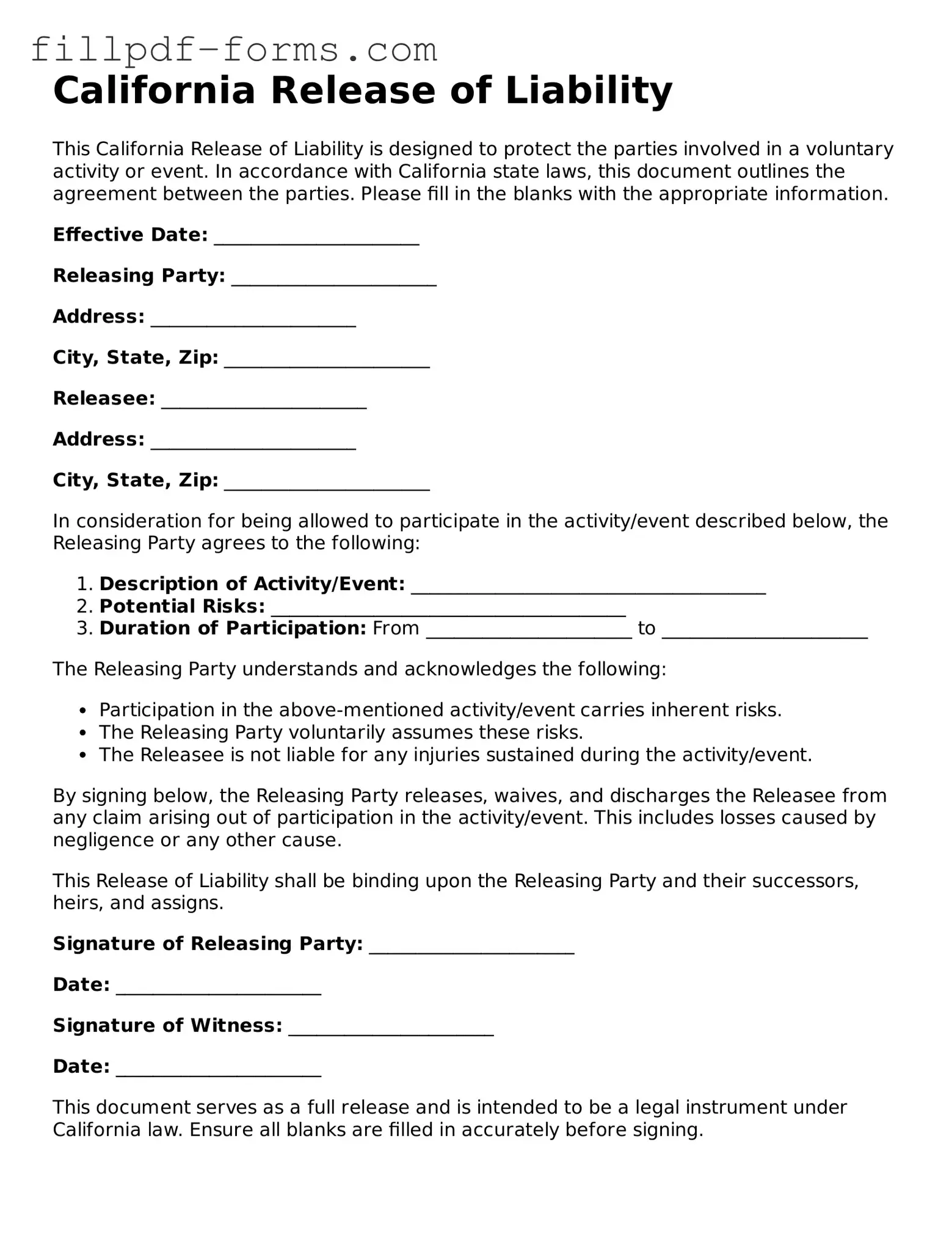 Fillable Release of Liability Template for the State of California