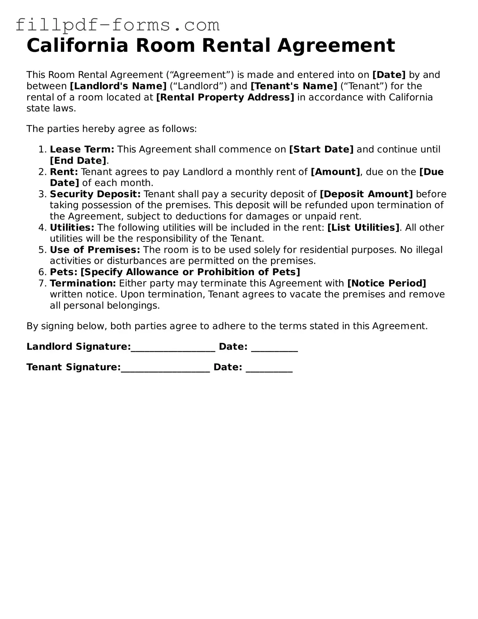 Fillable Room Rental Agreement Template for the State of California