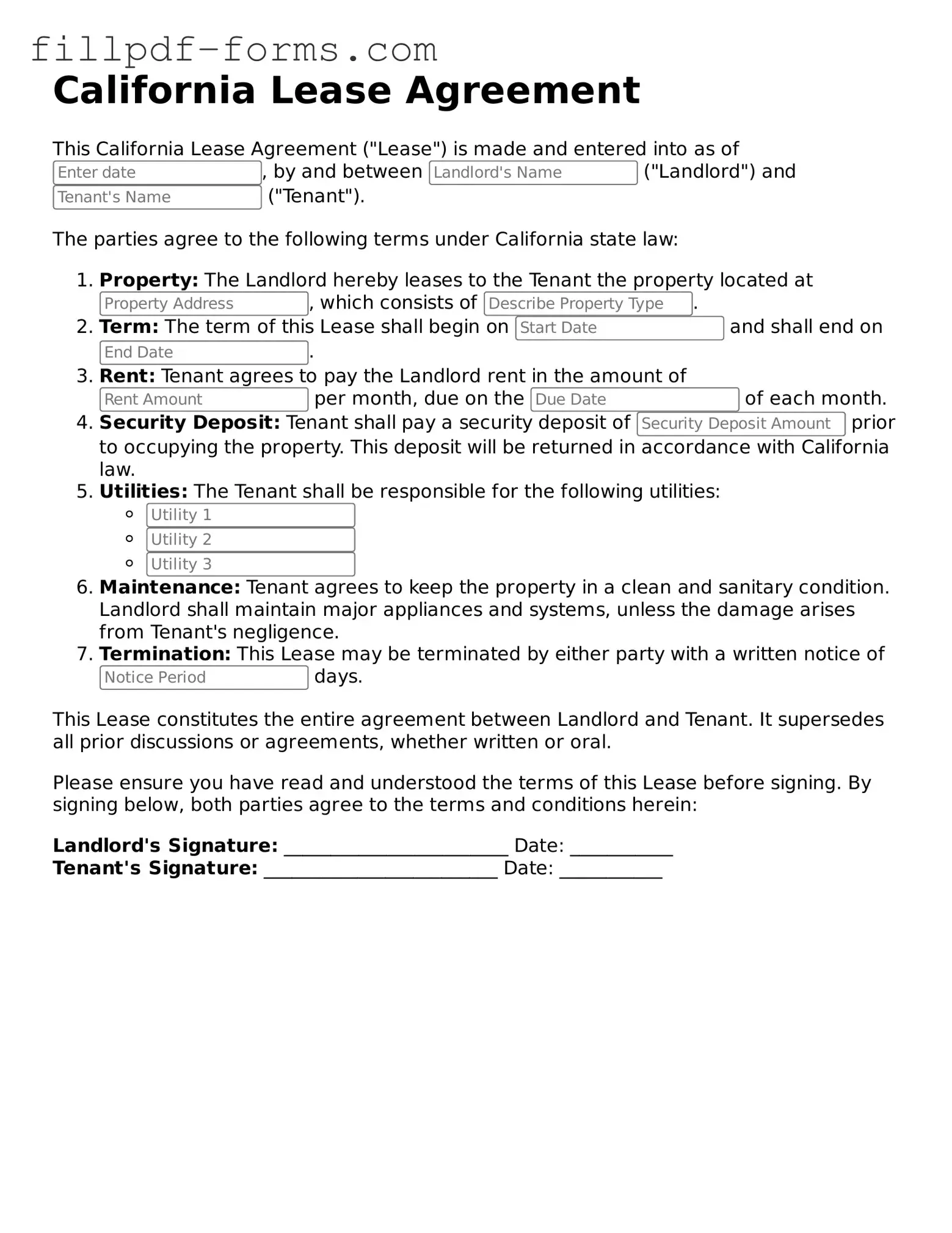 Fillable Lease Agreement Template for the State of California