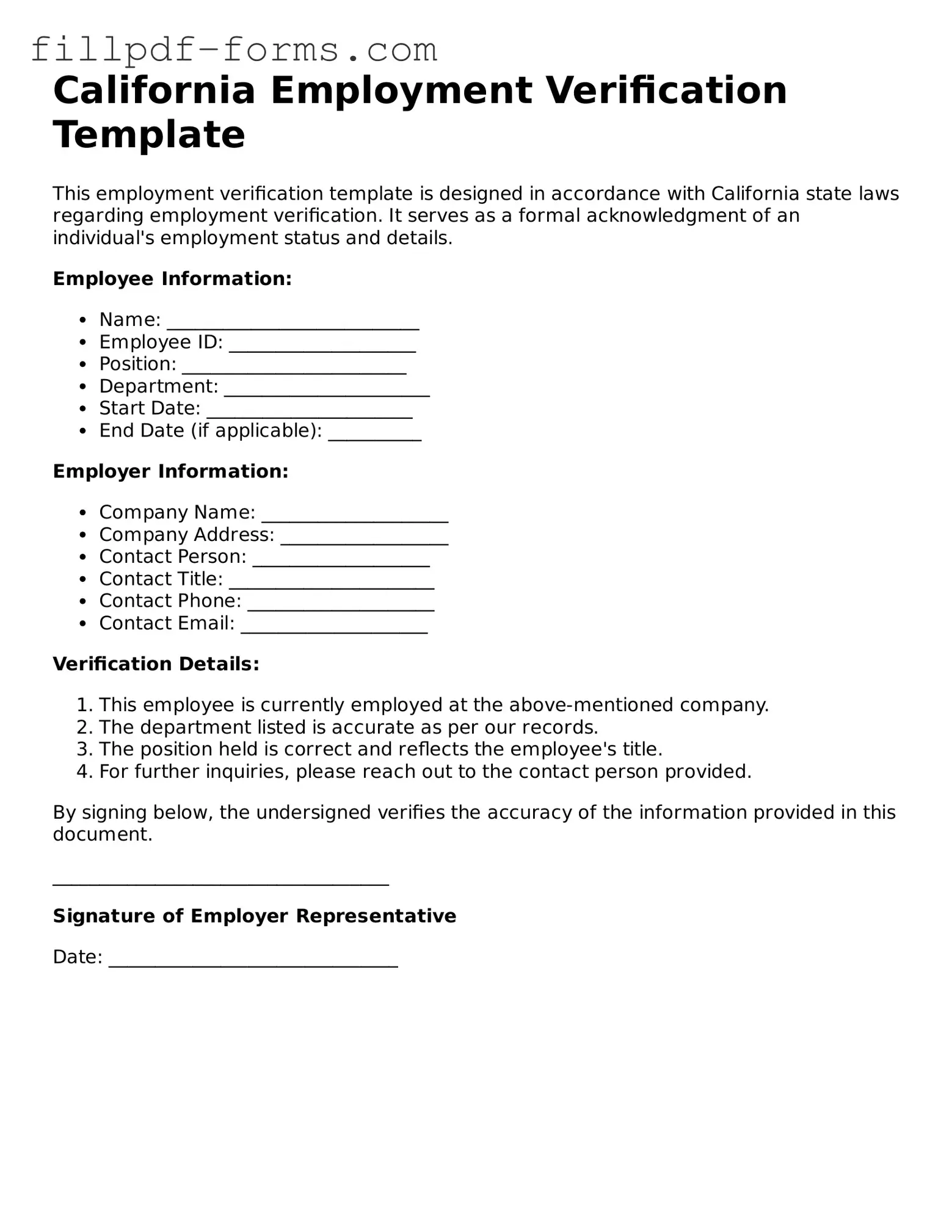 Fillable Employment Verification Template for the State of California