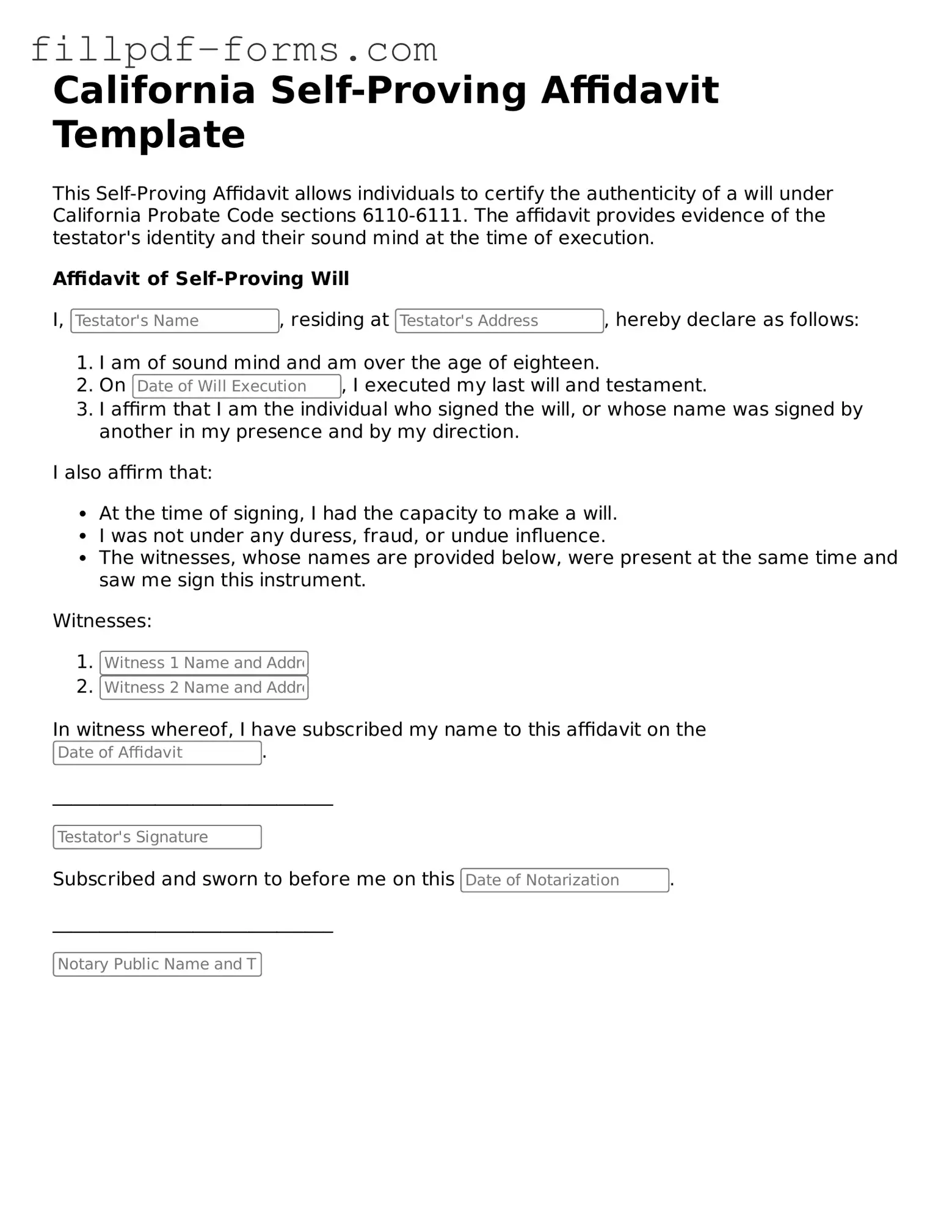 Fillable Self-Proving Affidavit Template for the State of California