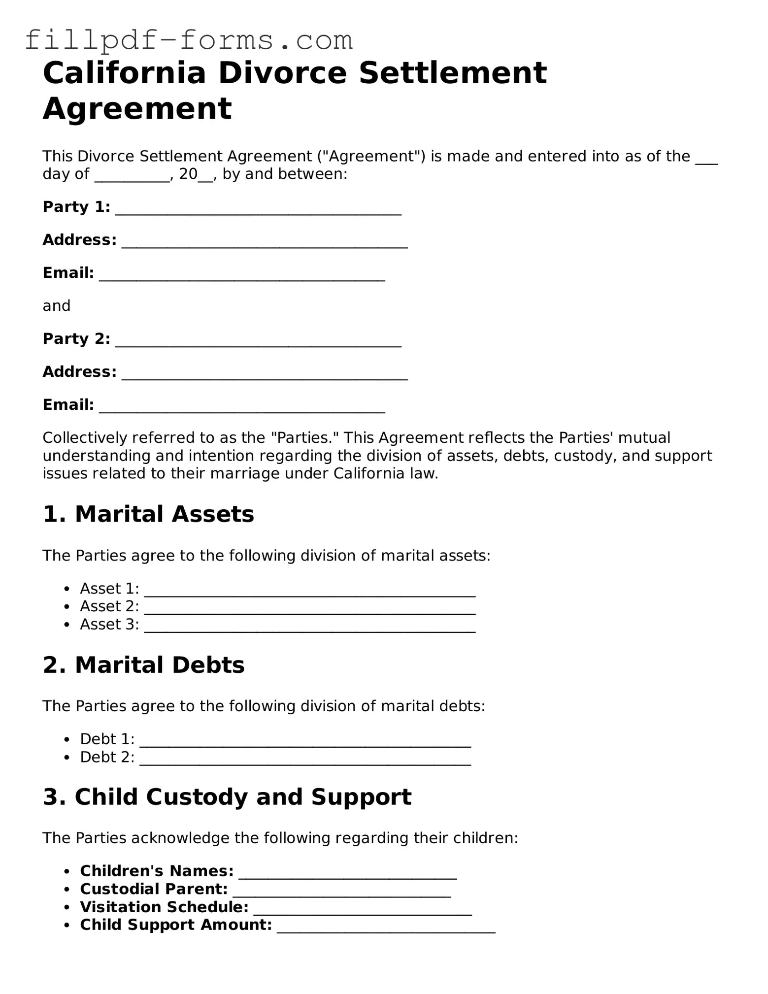 Fillable Divorce Settlement Agreement Template for the State of California