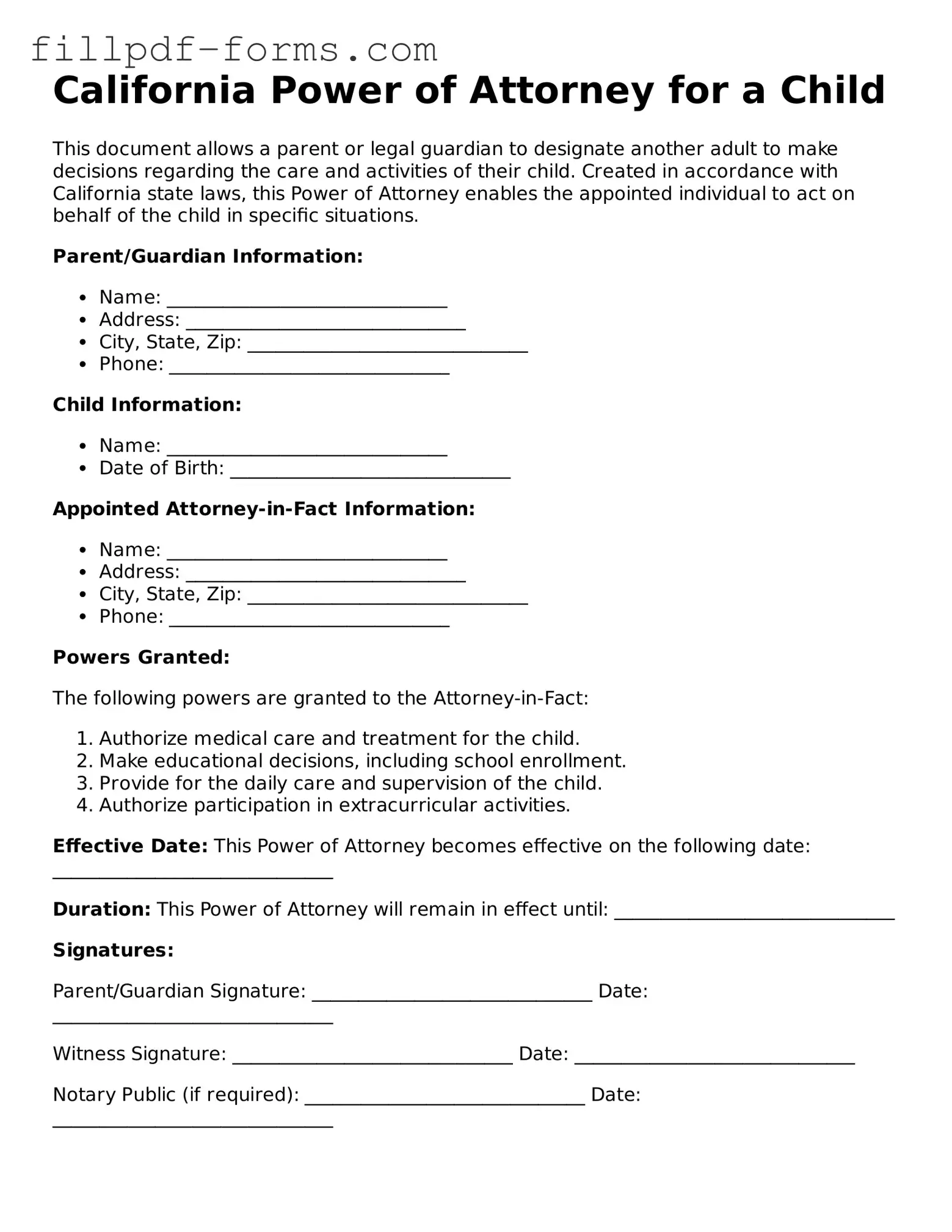Fillable Power of Attorney for a Child Template for the State of California