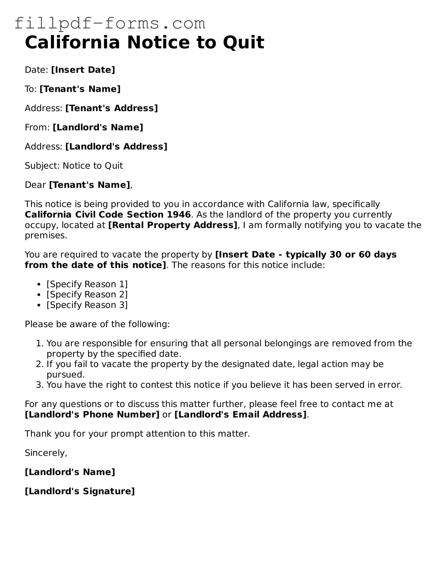Fillable Notice to Quit Template for the State of California