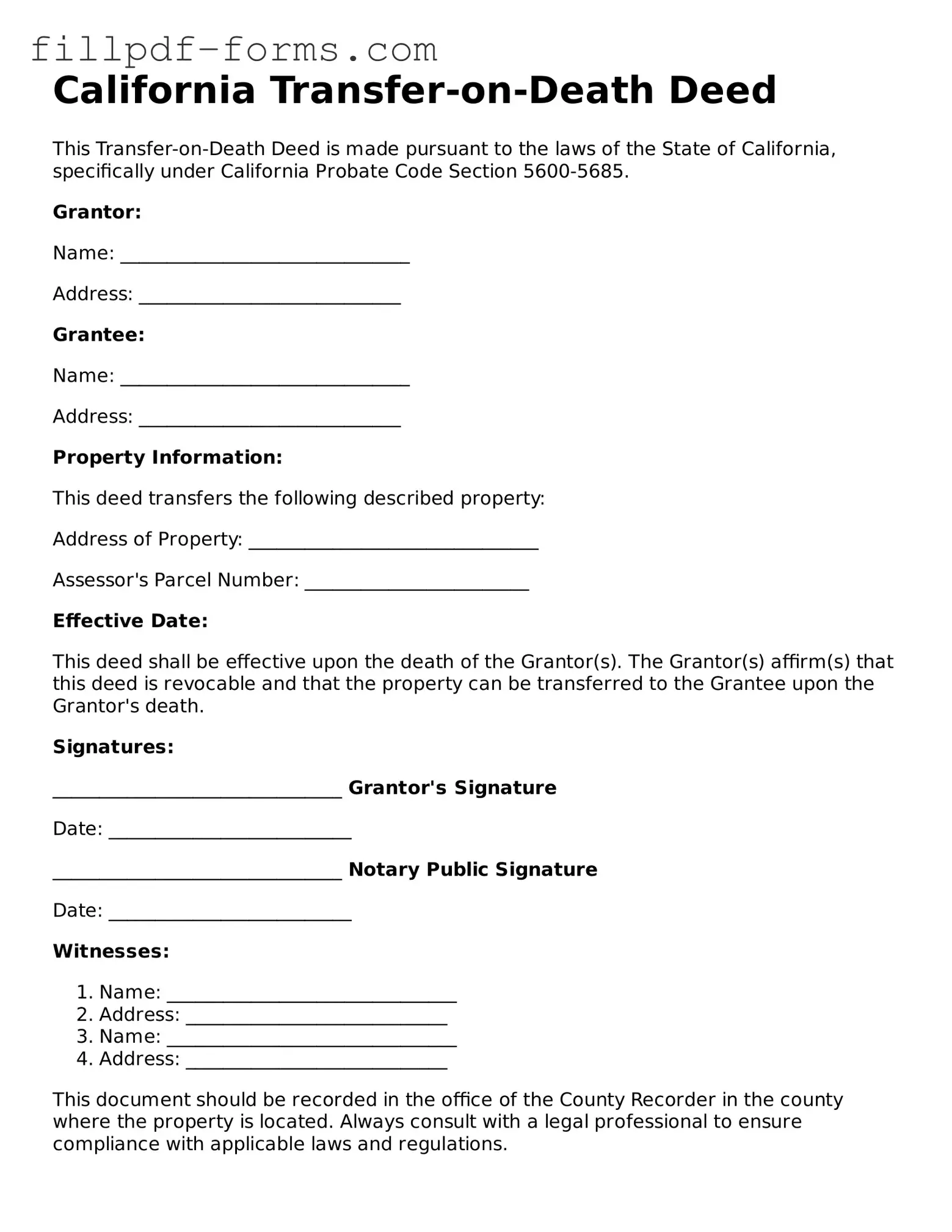 Fillable Transfer-on-Death Deed Template for the State of California