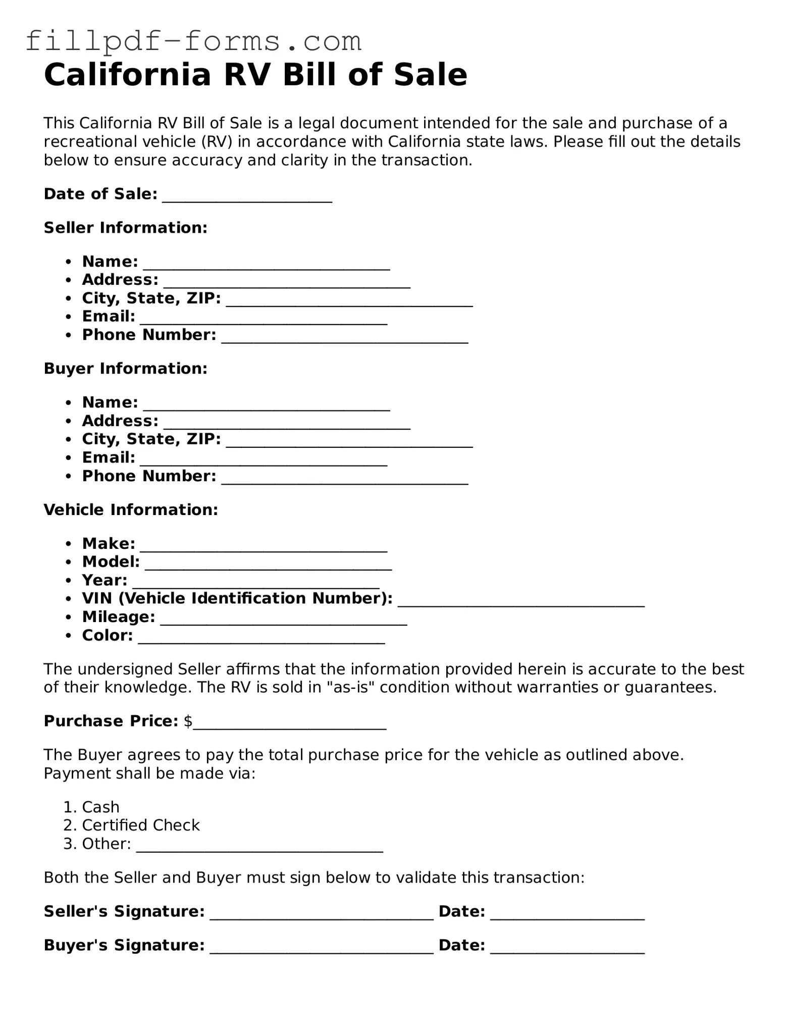 Fillable RV Bill of Sale Template for the State of California