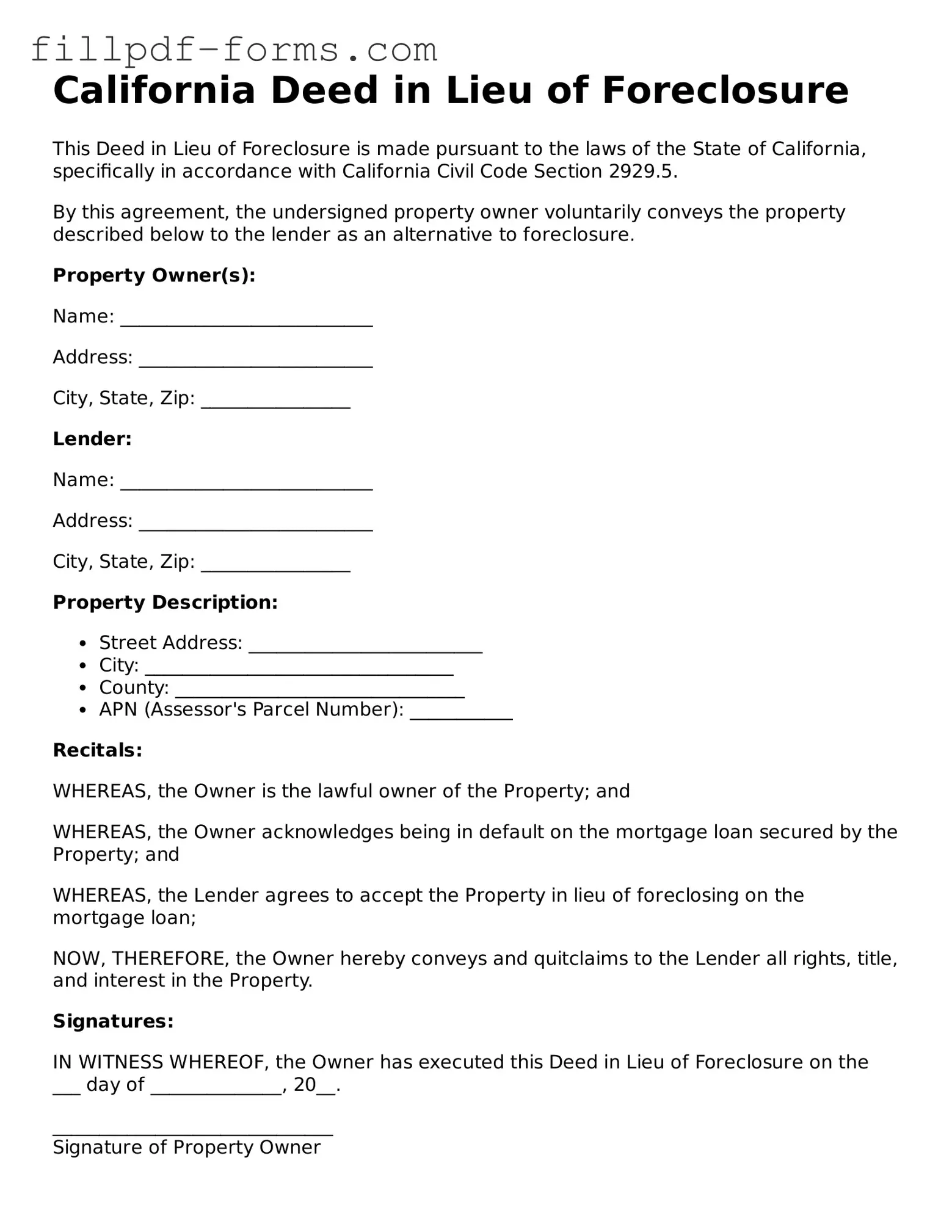 Fillable Deed in Lieu of Foreclosure Template for the State of California
