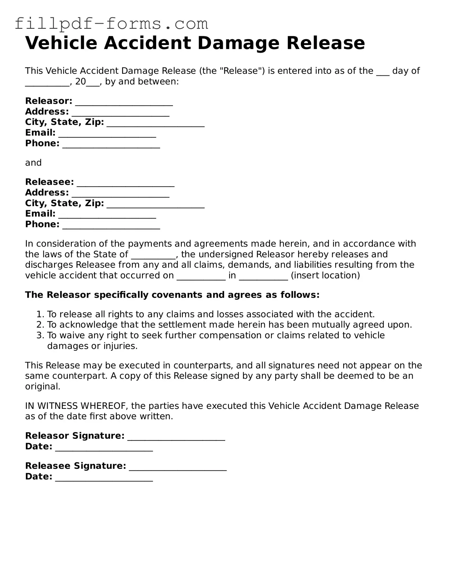 Fillable Vehicle Accident Damage Release Template