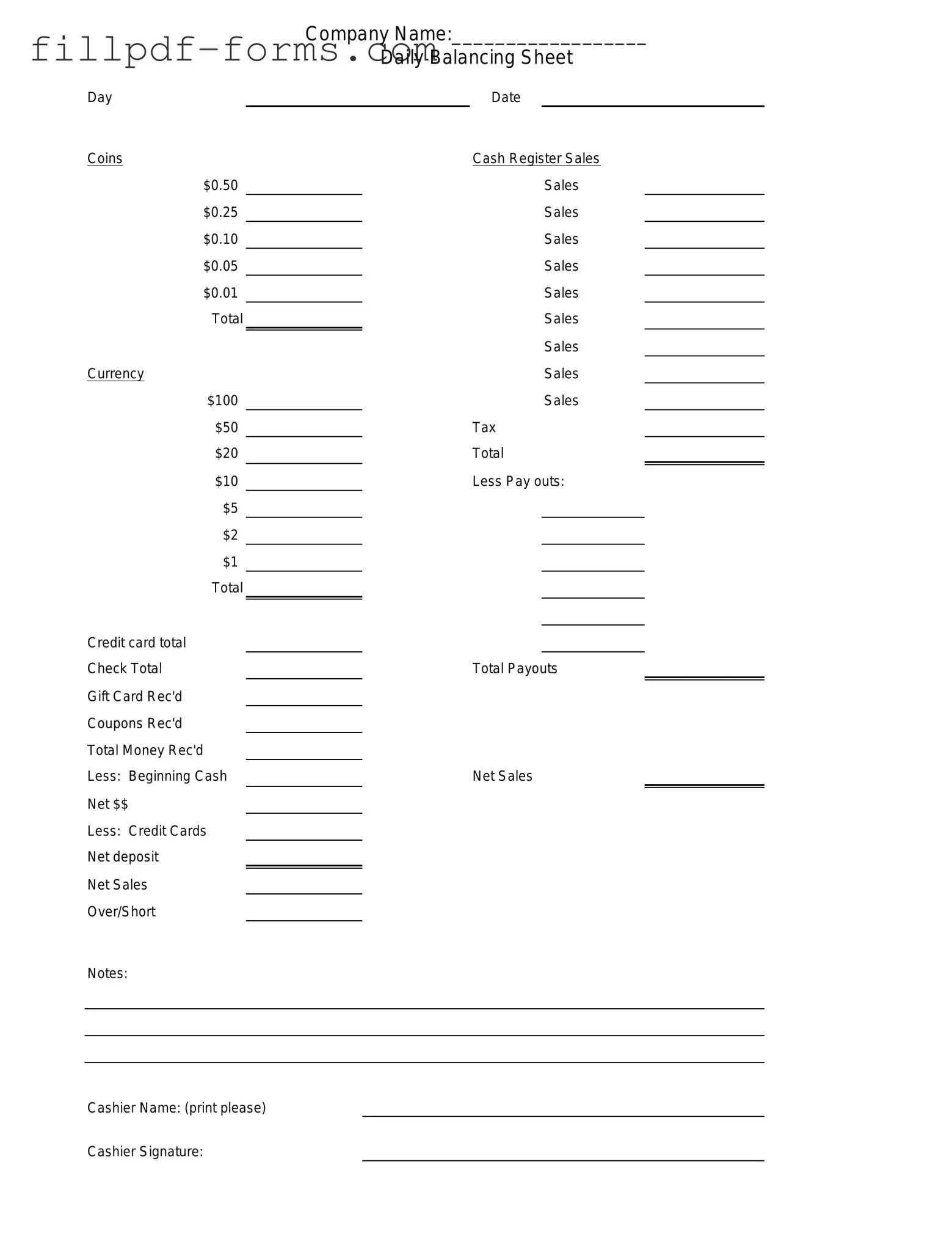 Cash Drawer Count Sheet PDF Form