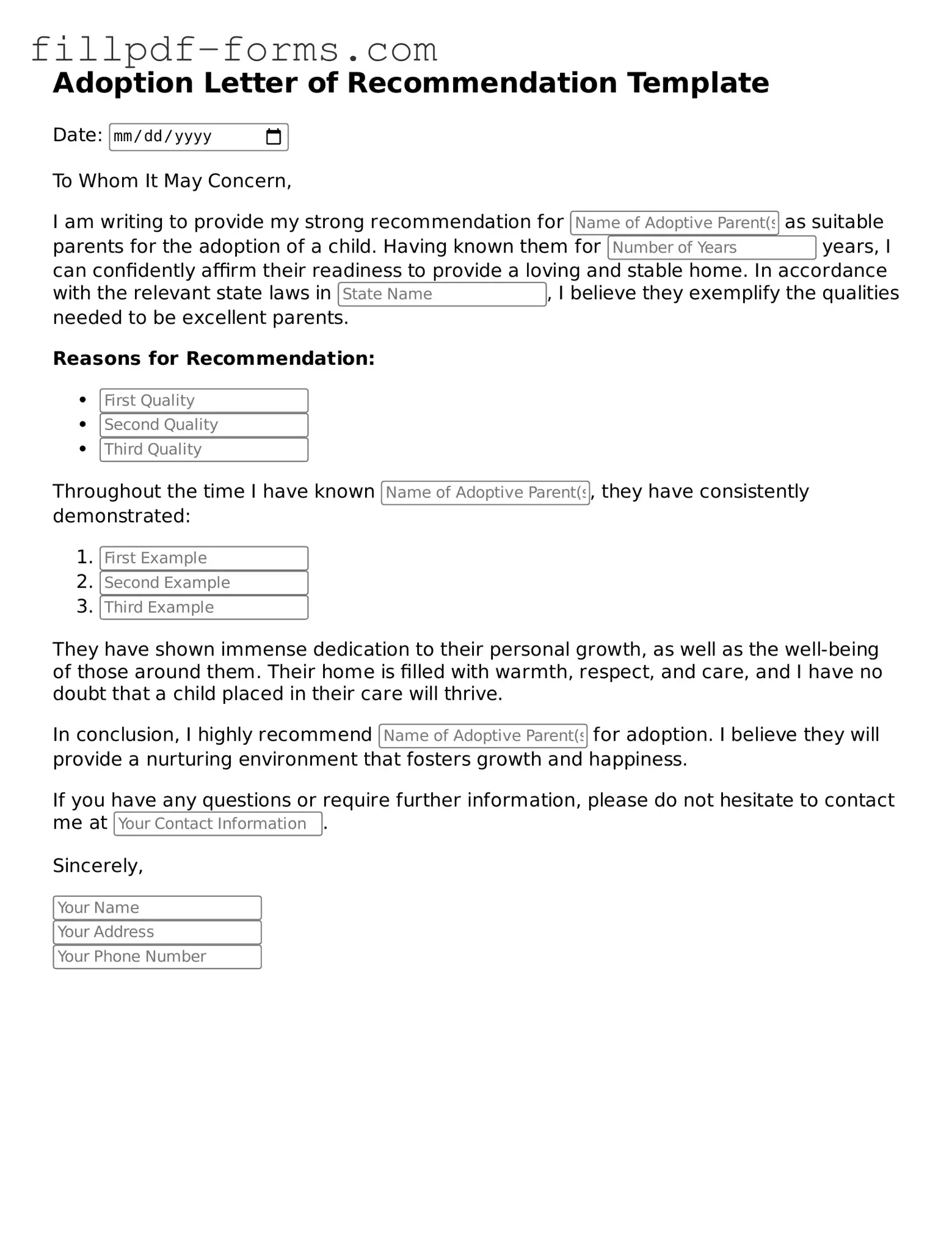 Fillable Adoption Letter of Recommendation Template