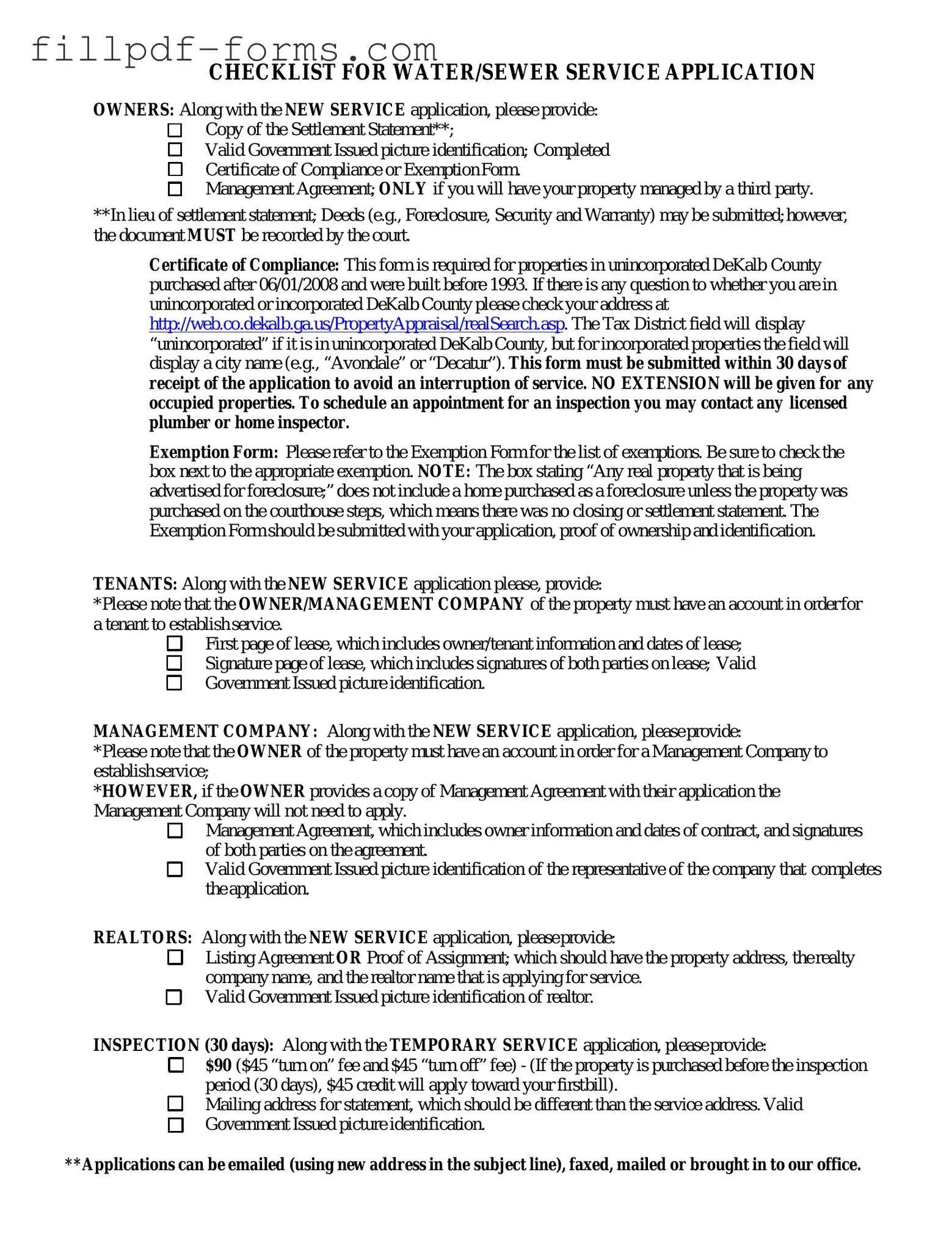 Dekalb County Water Application PDF Form