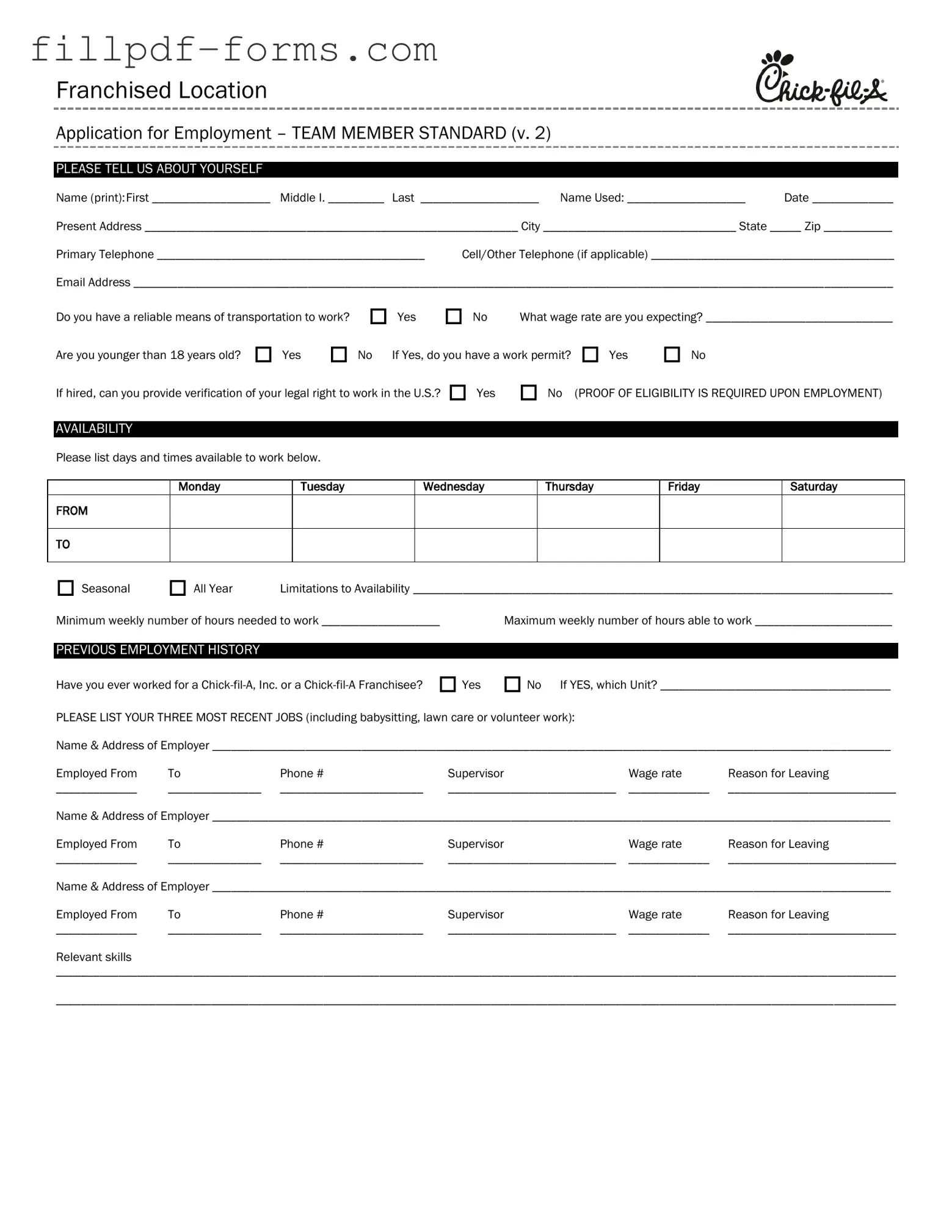 Chick Fil A Job Application PDF Form