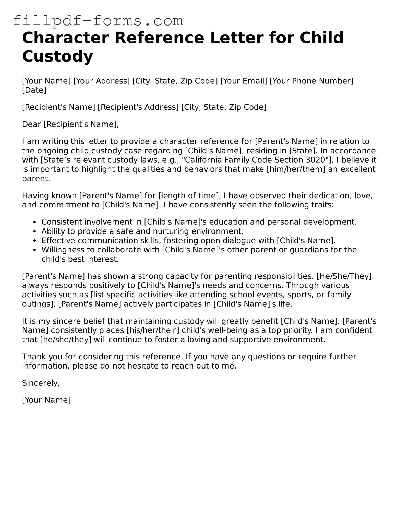 Fillable Character Reference Letter for Child Custody Template