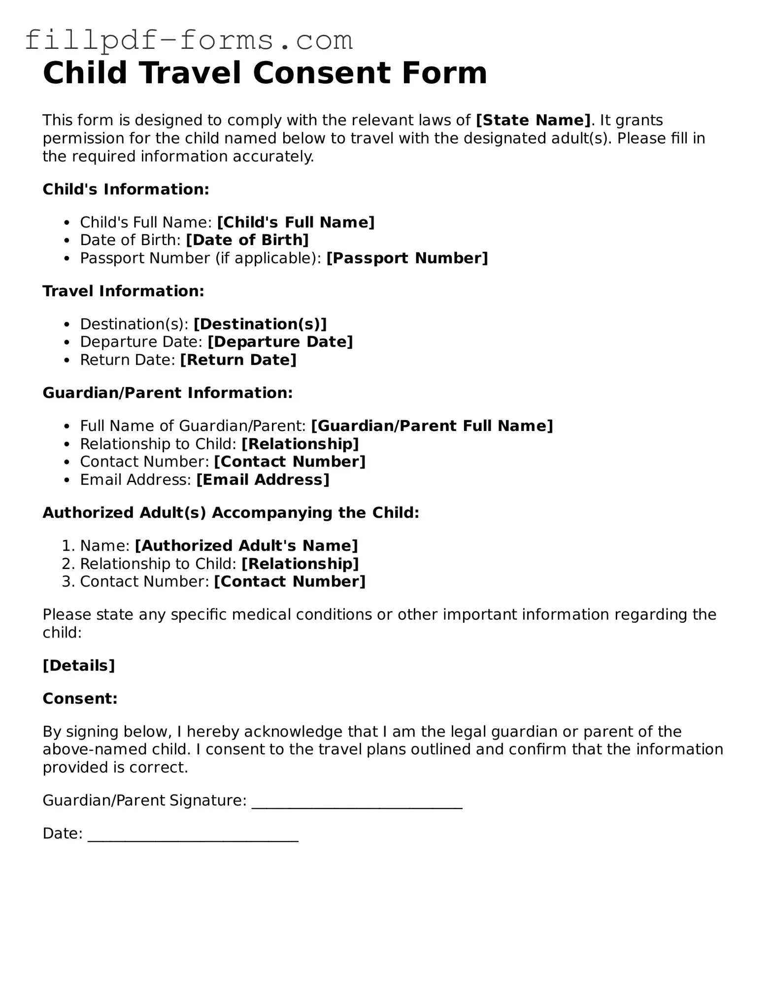 Fillable Child Travel Consent Form Template