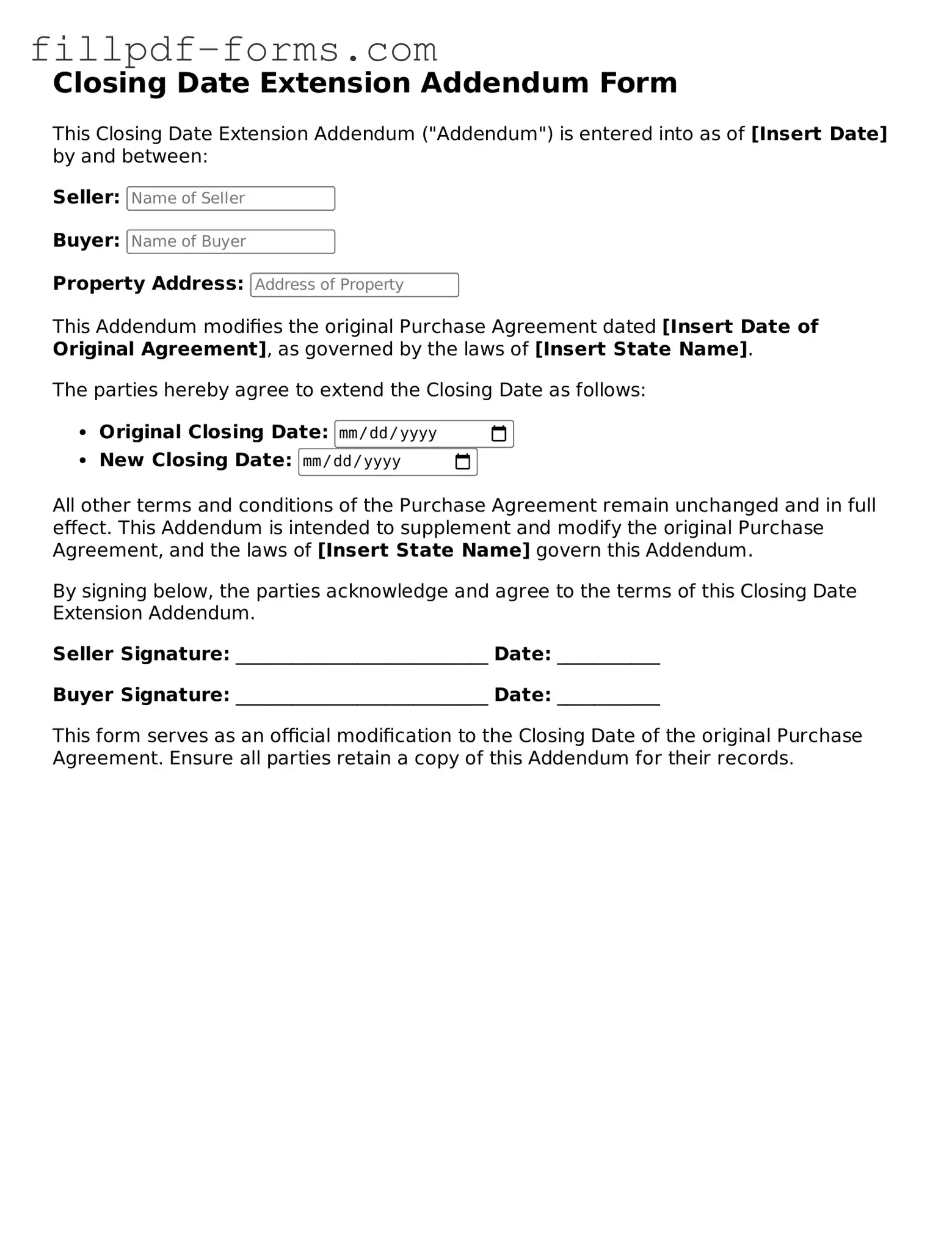 Fillable Closing Date Extension Addendum Form Template