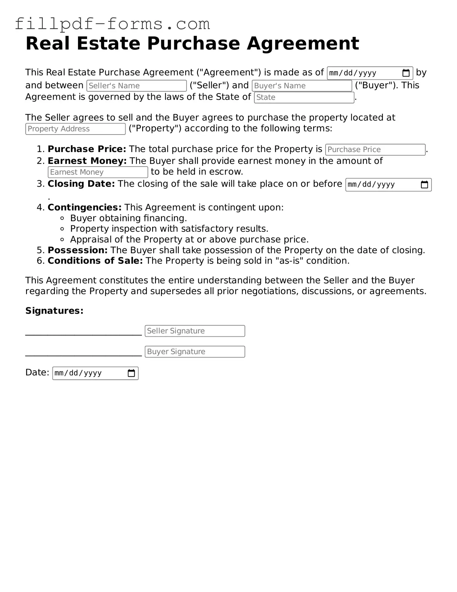 Fillable Real Estate Purchase Agreement Template
