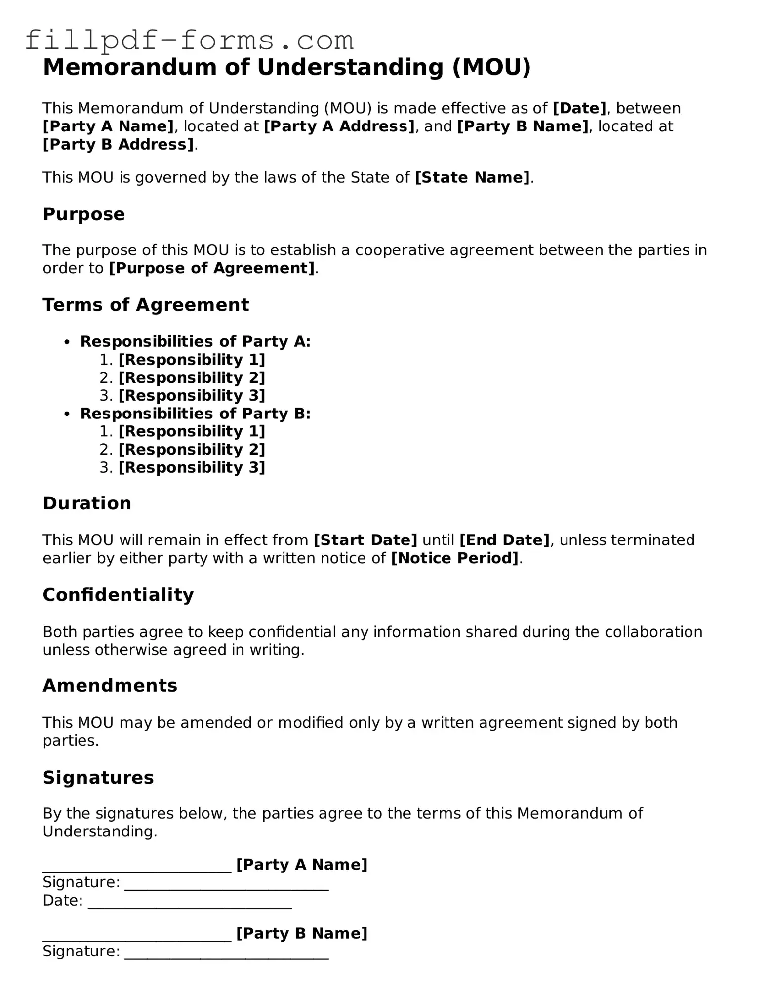 Fillable Memorandum of Understanding Template