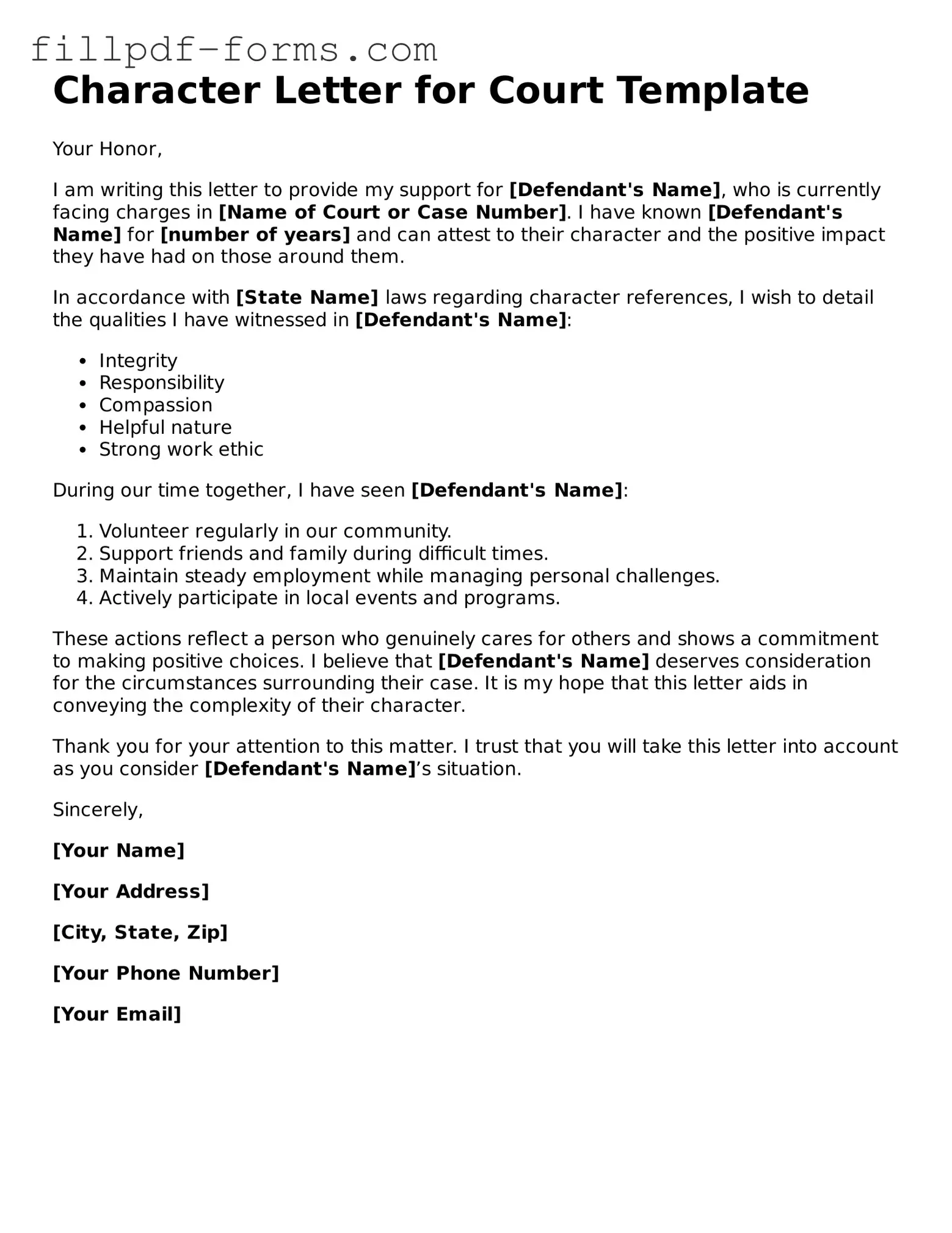 Fillable Character Letter for Court Template