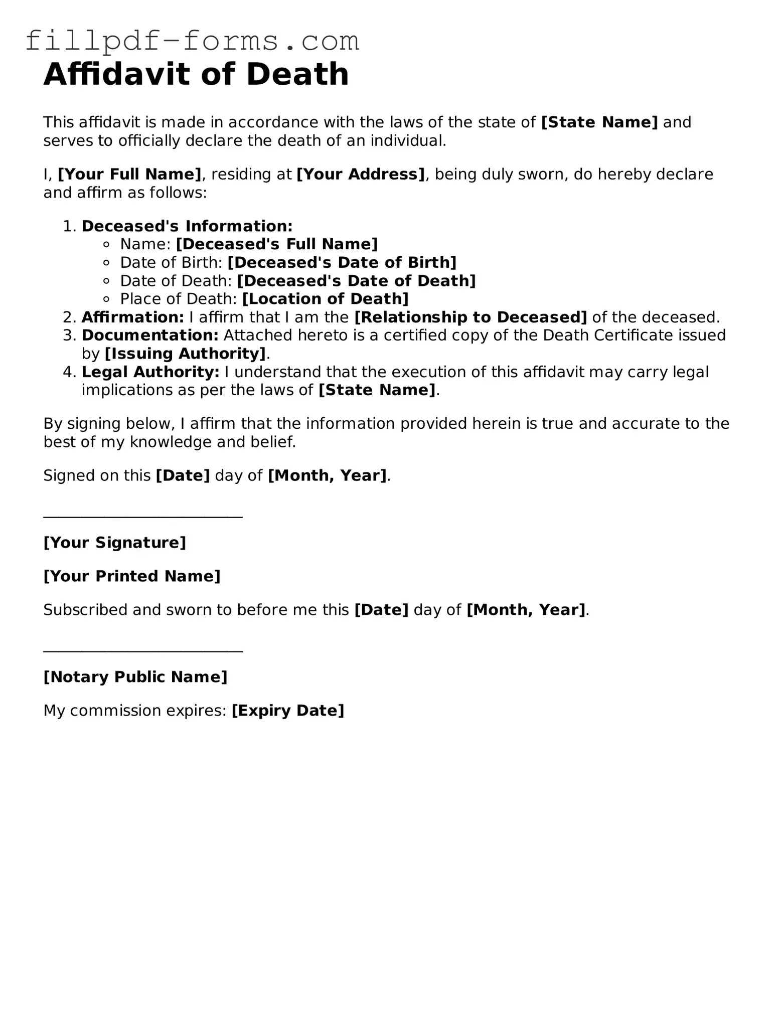 Fillable Affidavit of Death Template