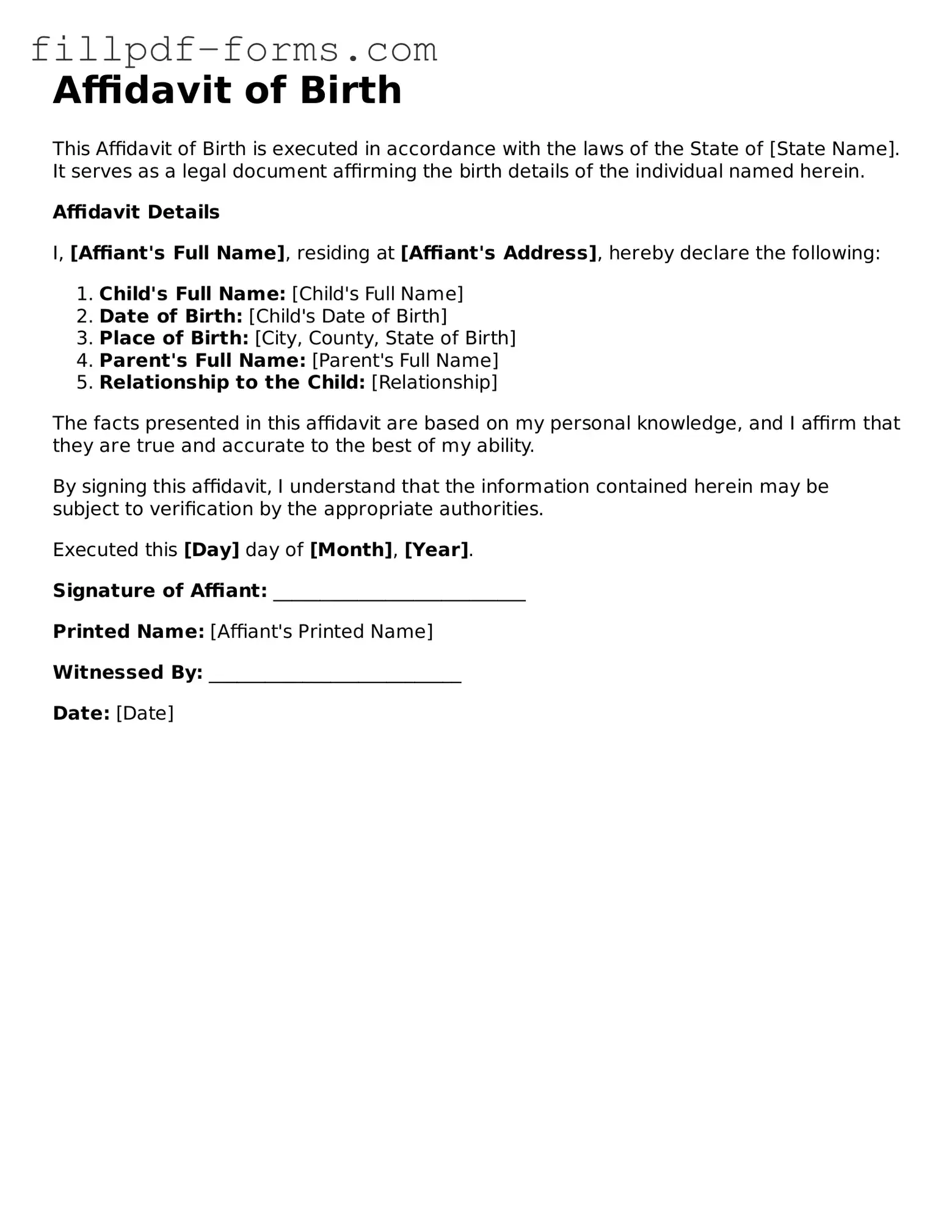 Fillable Affidavit of Birth Template