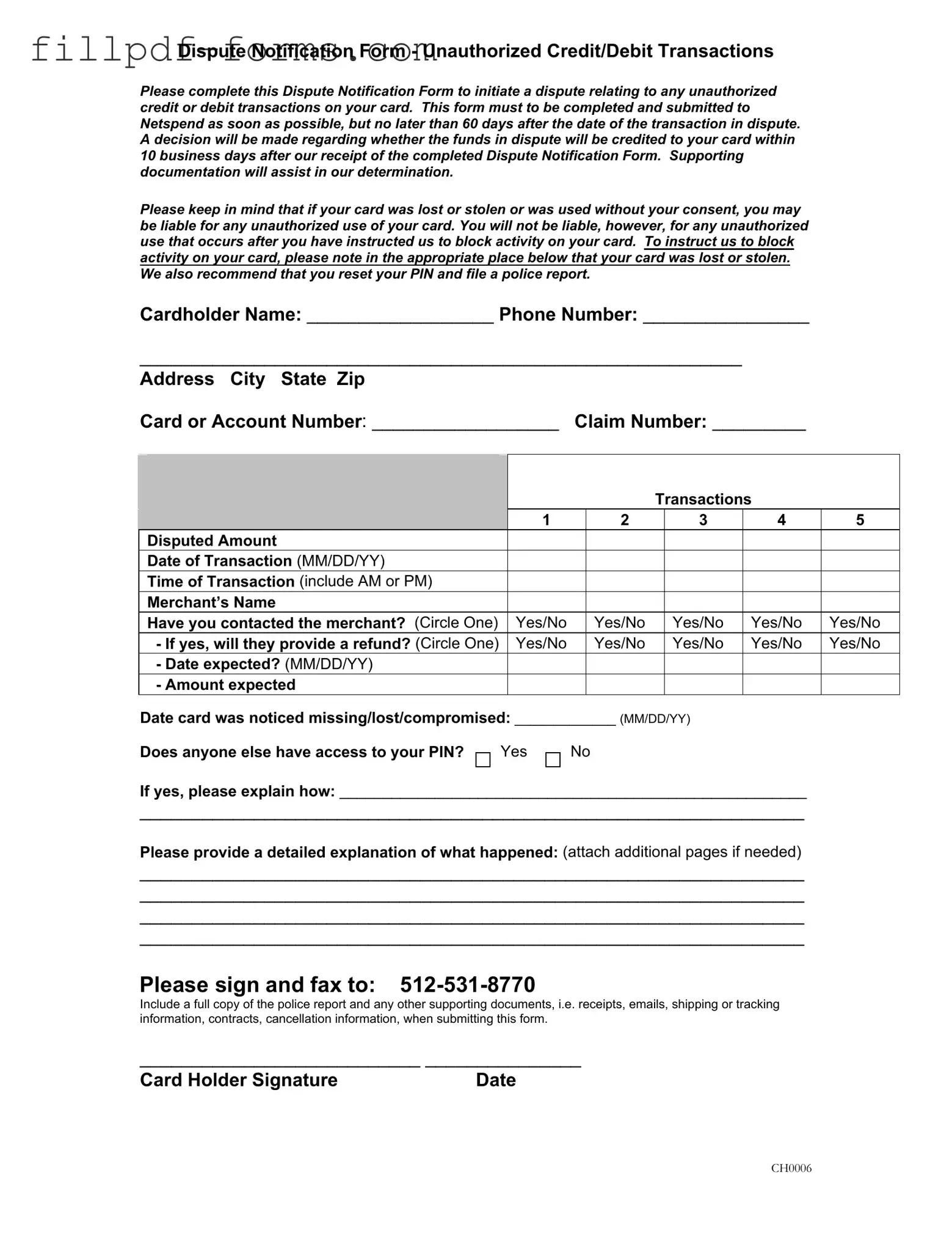 Netspend Dispute PDF Form