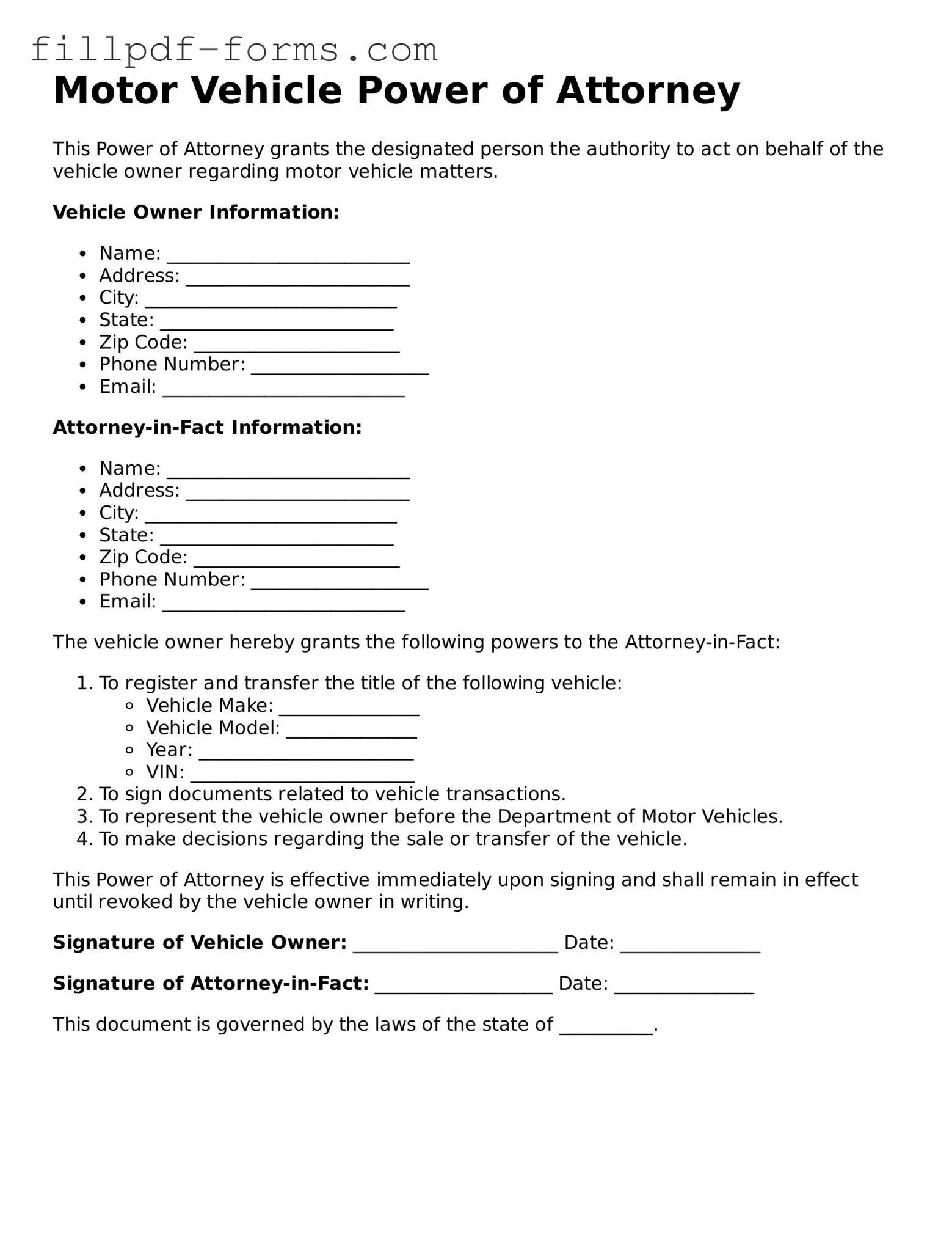 Fillable Motor Vehicle Power of Attorney Template