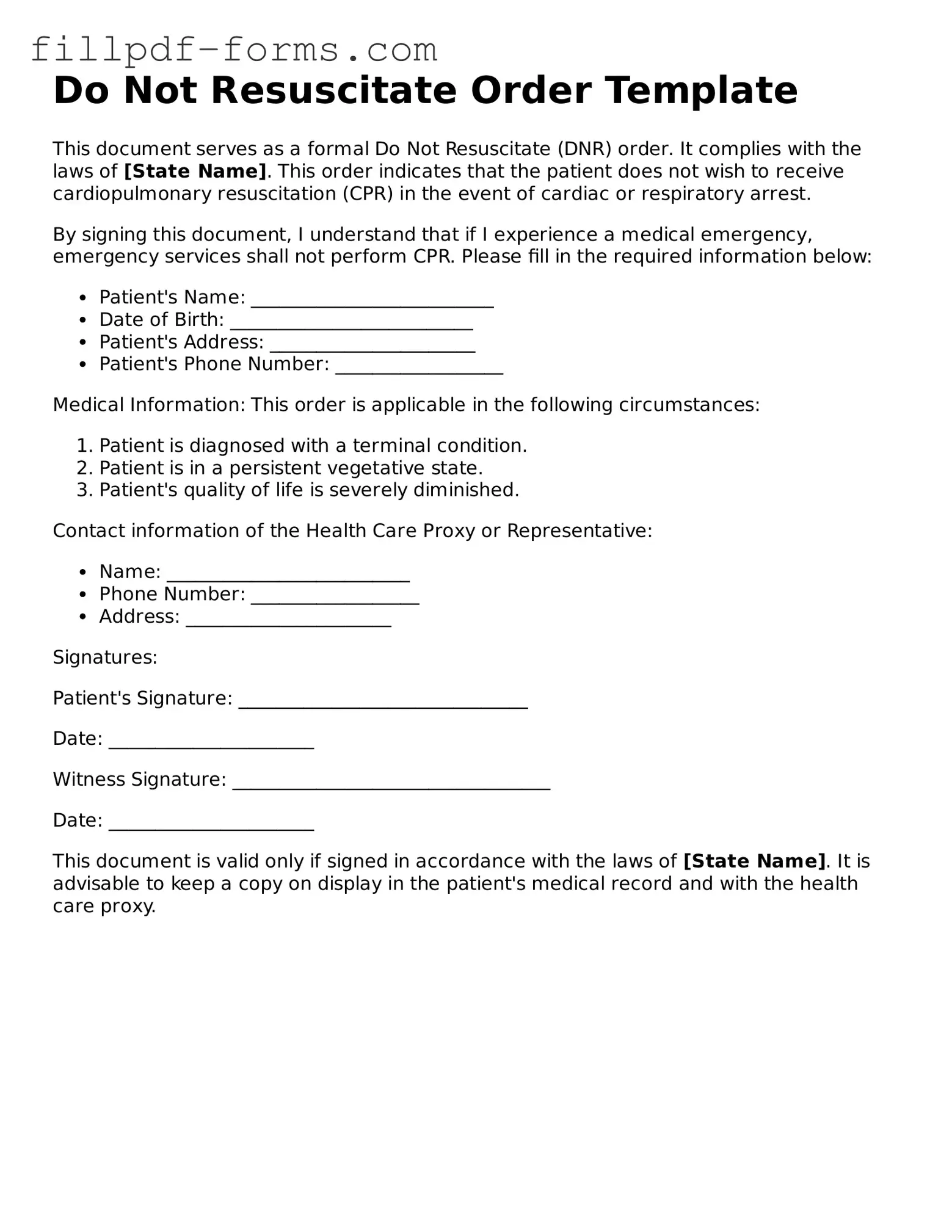 Fillable Do Not Resuscitate Order Template