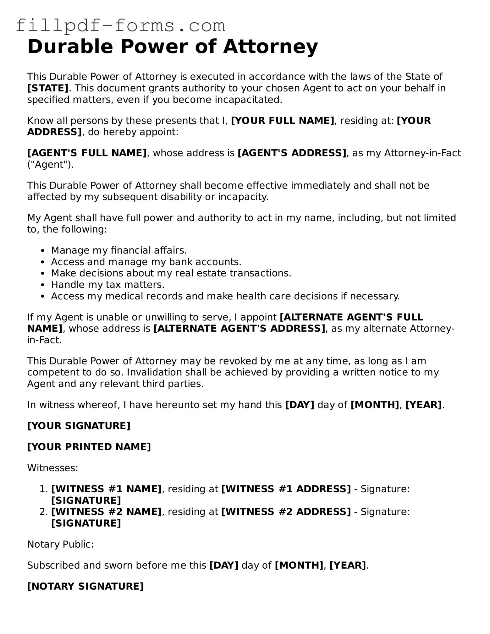Fillable Durable Power of Attorney Template