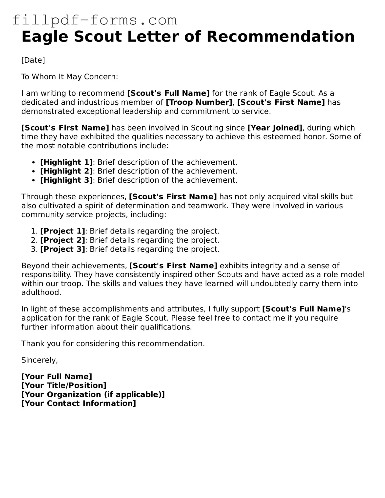 Fillable Eagle Scout Letter of Recommendation Template