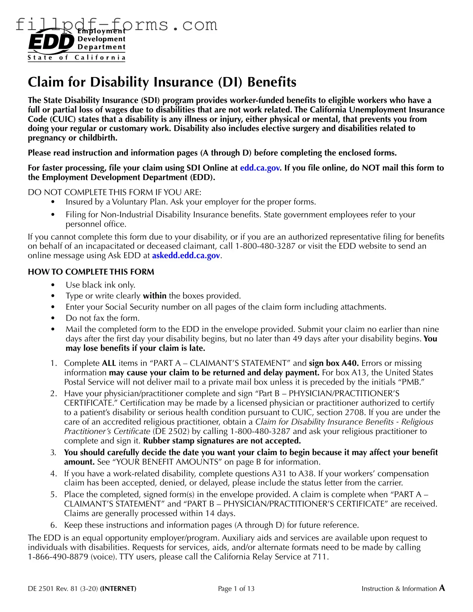 EDD DE 2501 PDF Form