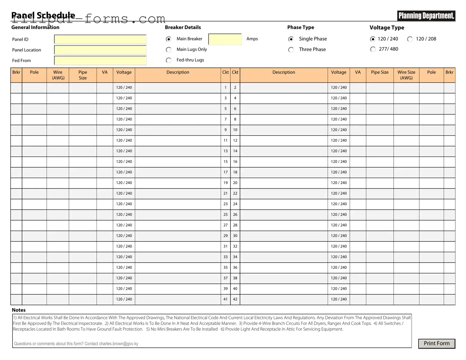 Electrical Panel Schedule PDF Form