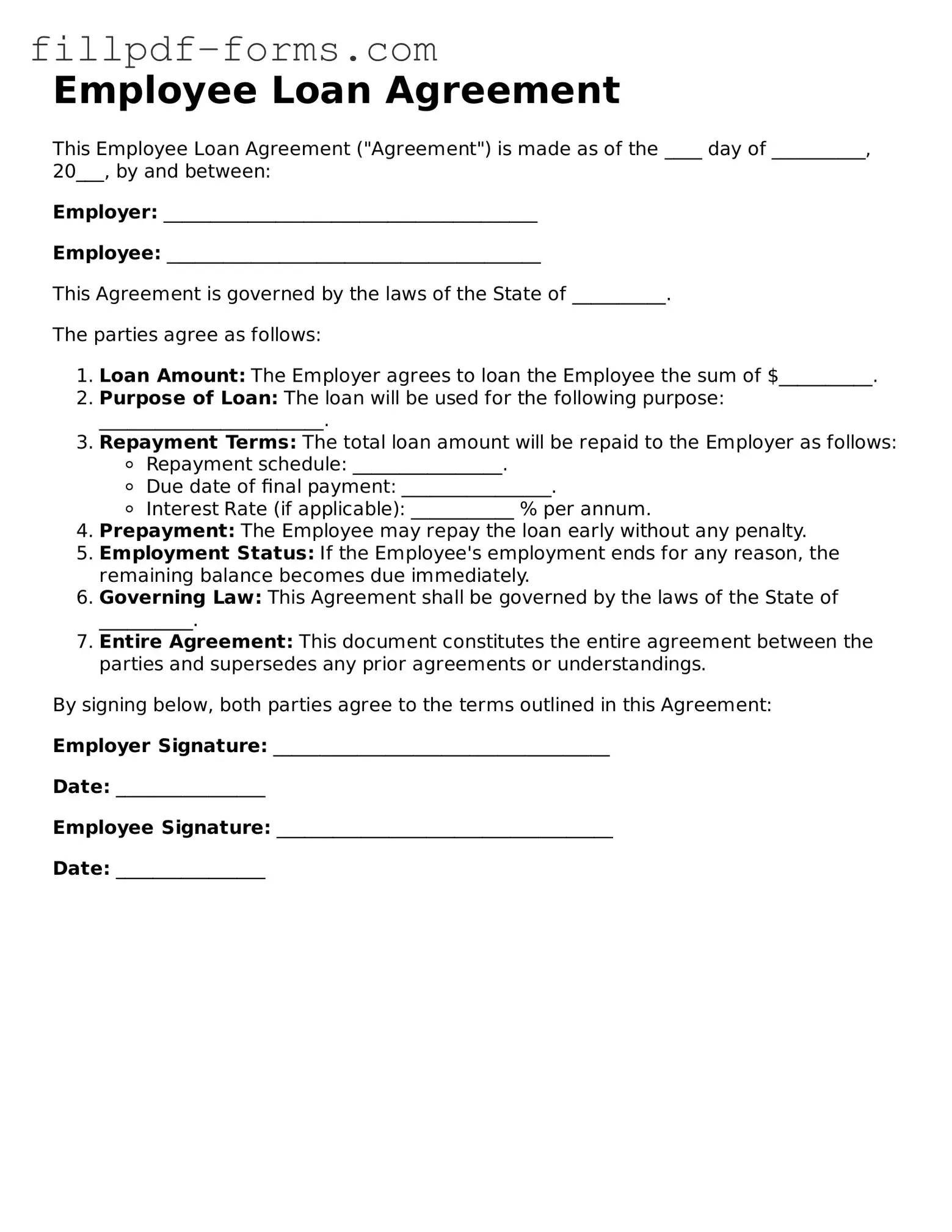 Fillable Employee Loan Agreement Template