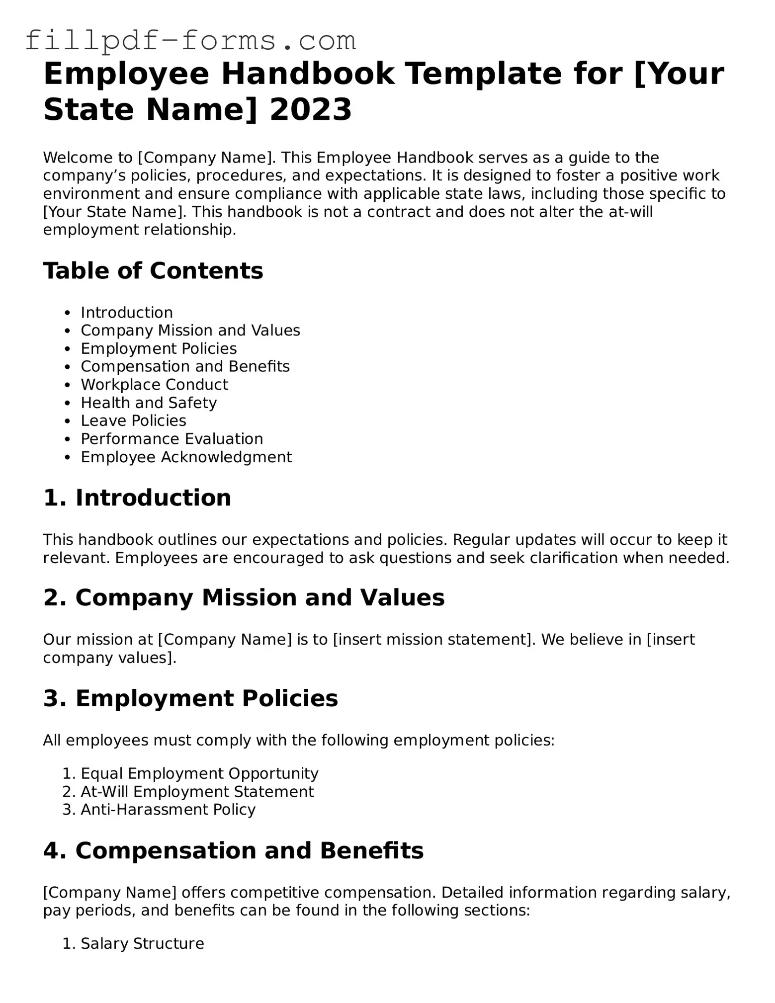 Fillable Employee Handbook Template
