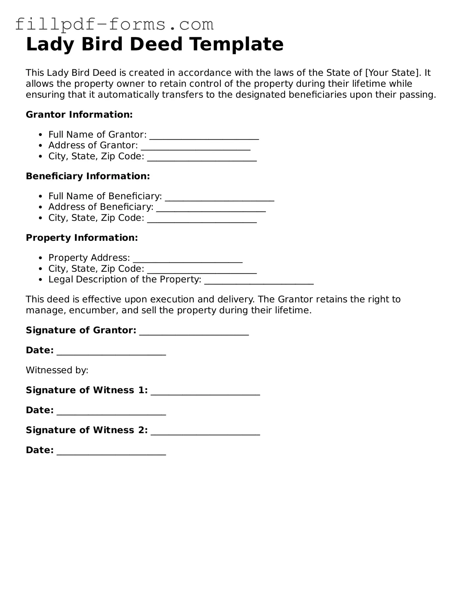Fillable Lady Bird Deed Template
