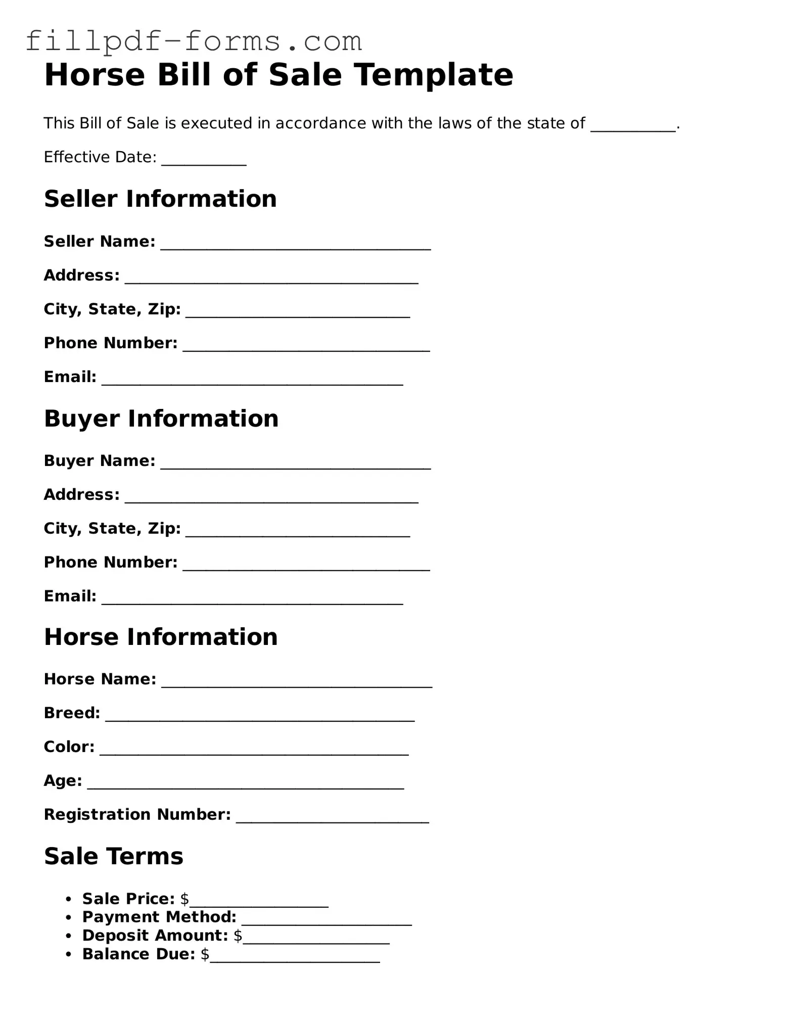 Fillable Horse Bill of Sale Template