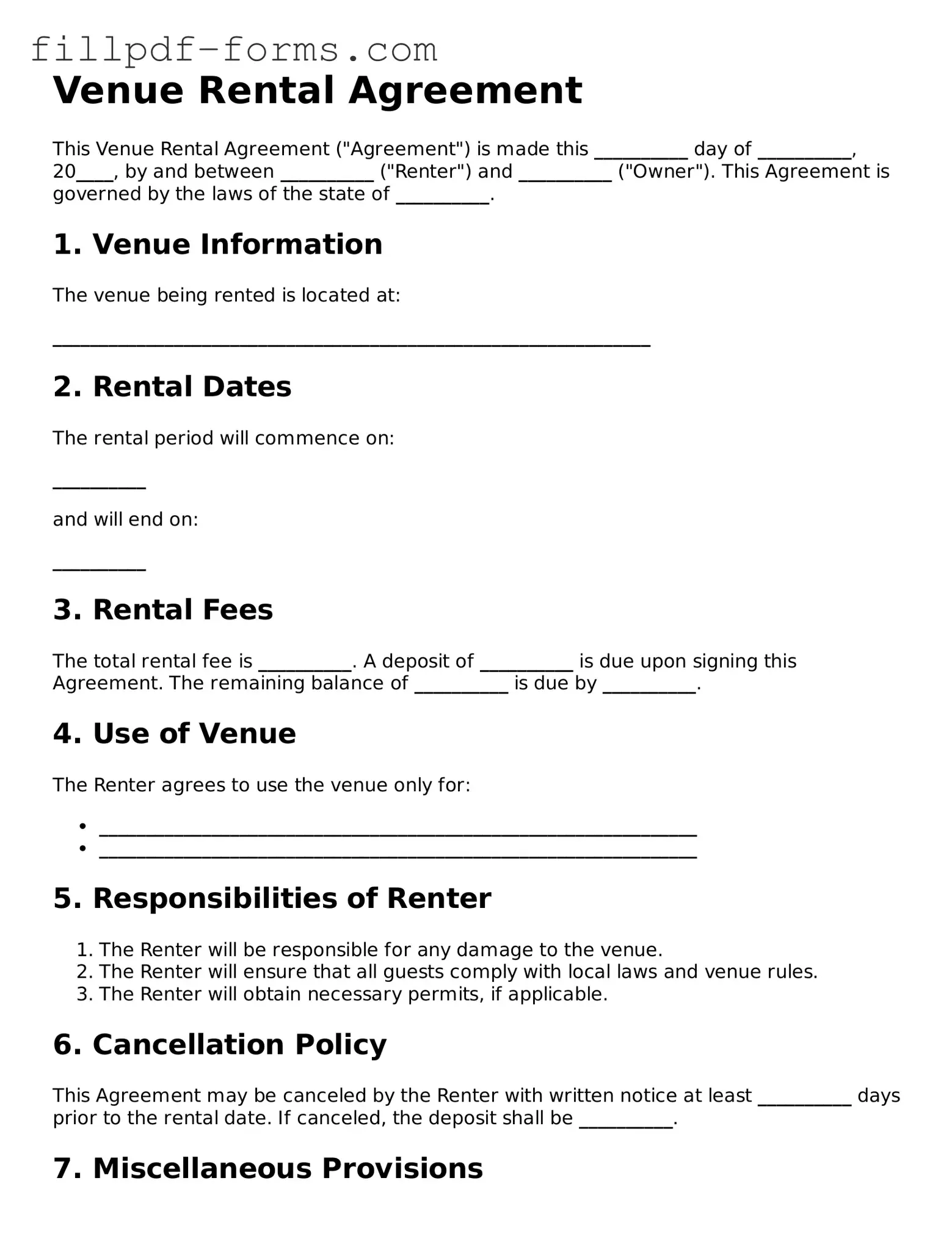 Fillable Venue Rental Agreement Template