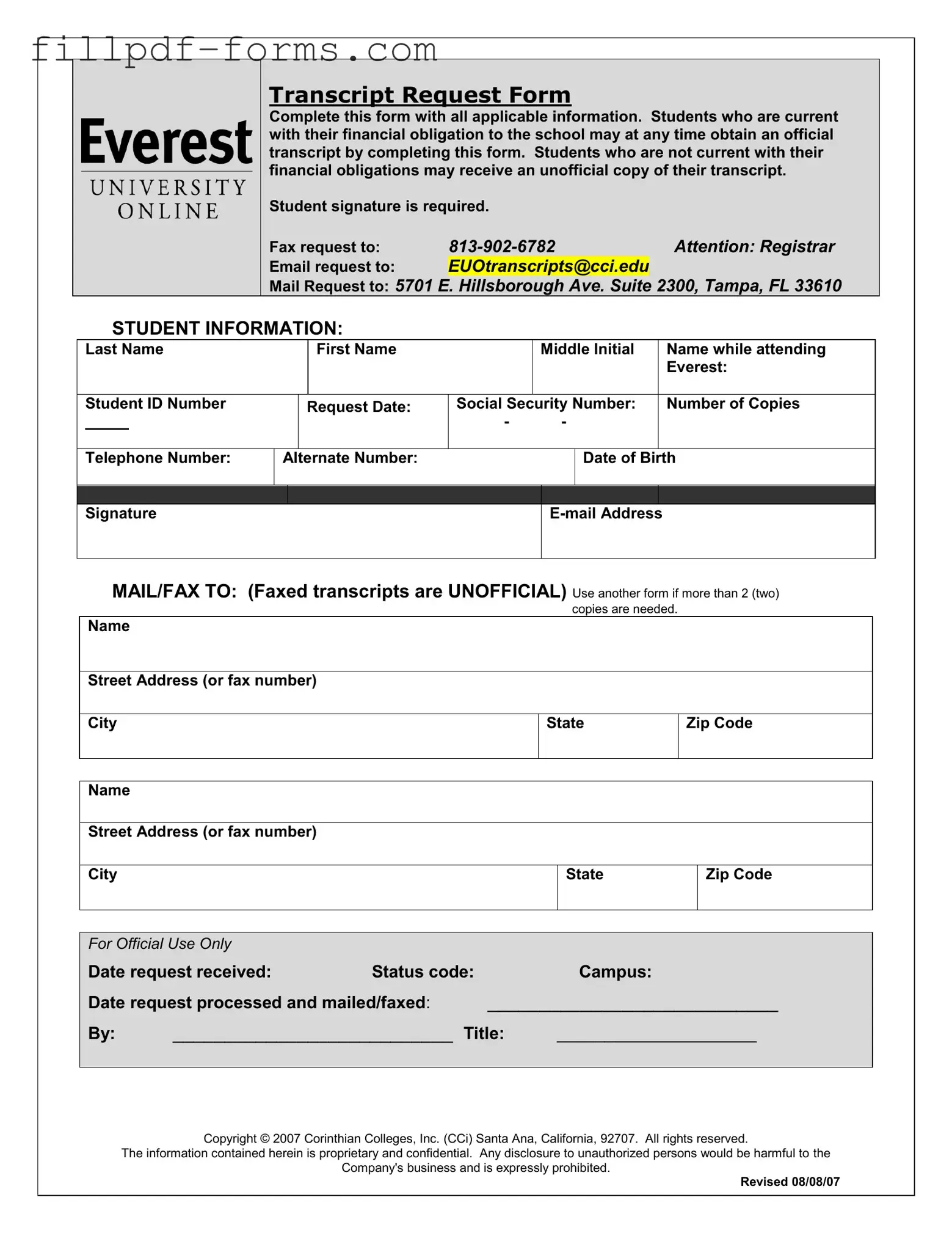 Everest University Transcript PDF Form